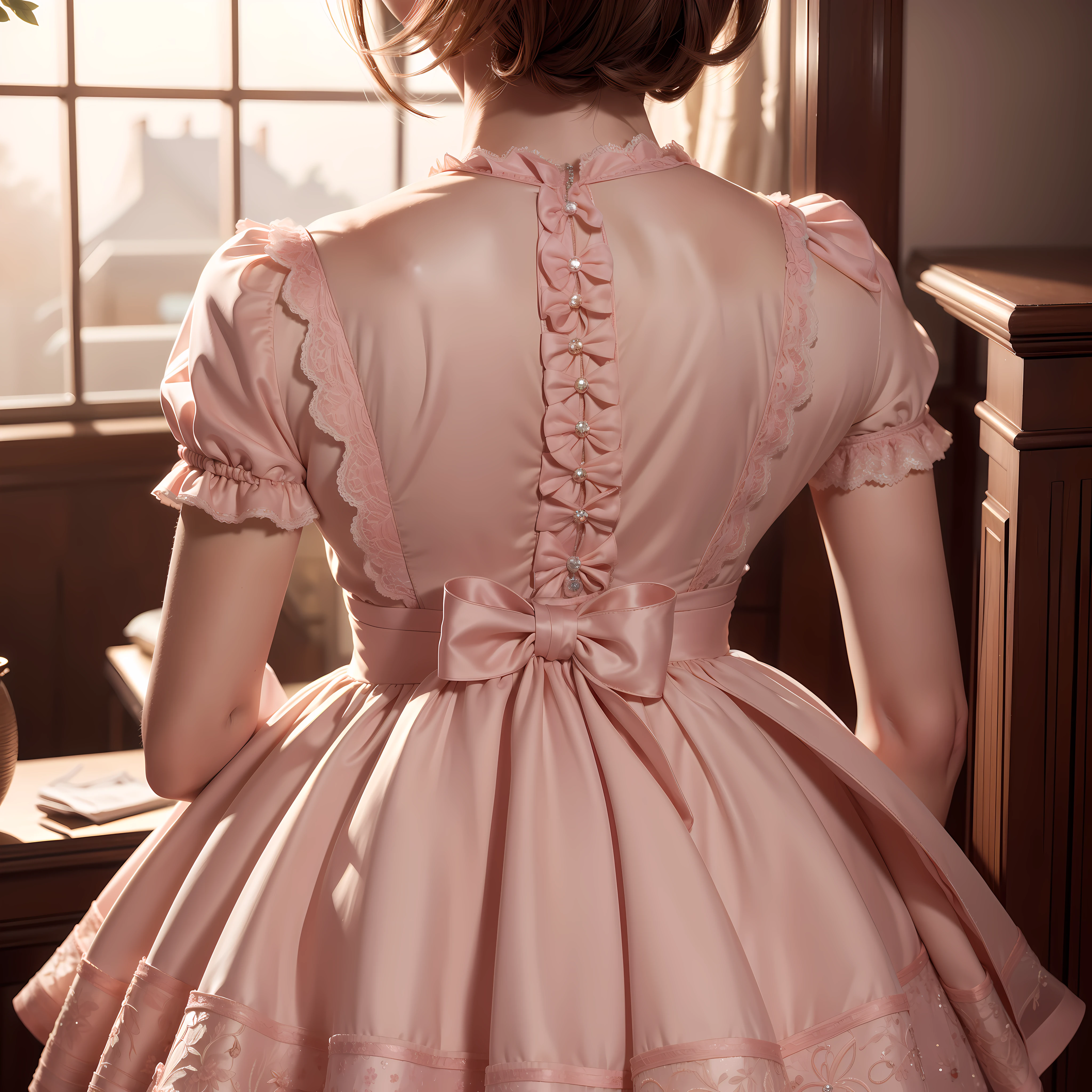 (Masterpiece:1.2), Best quality, A high resolution, Original, (Extremely detailed:1.2), Ultra-detailed, the wallpaper, Perfect lighting,(Extremely detailed CG:1.2), 8K, 1girll, Solo, Short hair, sweetLolita, Pink dress, shiny fabrics, From behind, rear angle, indoors, Anime style