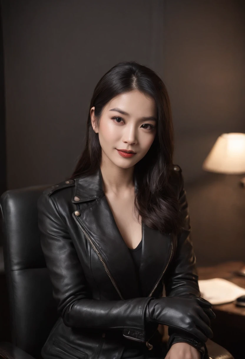 Wearing black leather gloves in both hands Upper body Black leather riders jacket Necklace on the chest Facing the desk in the modern study in the dark, looking down and smiling, long straight black hair Young Japanese woman (black leather gloves covering both hands) Sitting on a chair with the fingers of black leather gloves and working on the computer