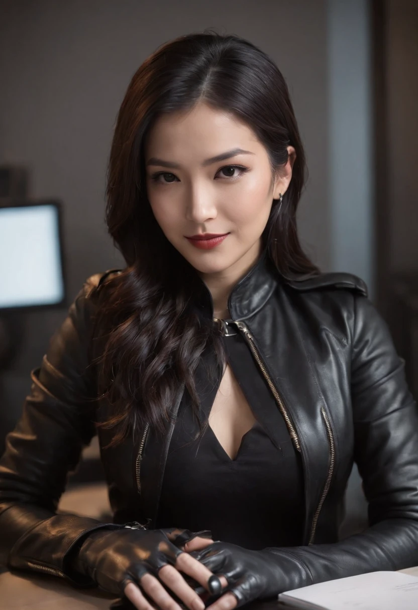 Wearing black leather gloves in both hands Upper body Black leather riders jacket Necklace on the chest Facing the desk in the modern study in the dark, looking down and smiling, long straight black hair Young Japanese woman (black leather gloves covering both hands) Sitting on a chair with the fingers of black leather gloves and working on the computer