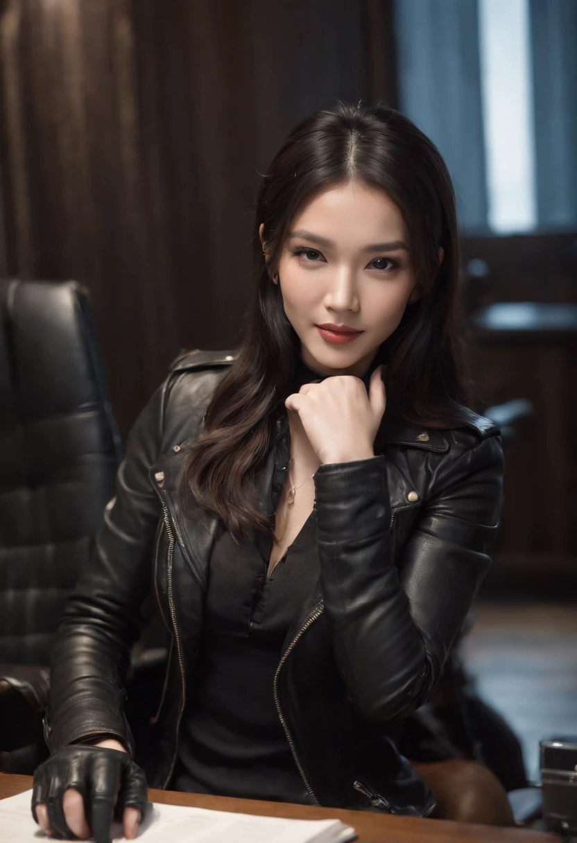 Wearing black leather gloves in both hands Upper body Black leather riders jacket Necklace on the chest Facing the desk in the modern study in the dark, looking down and smiling, long straight black hair Young Japanese woman (black leather gloves covering both hands) Sitting on a chair with the fingers of black leather gloves and working on the computer