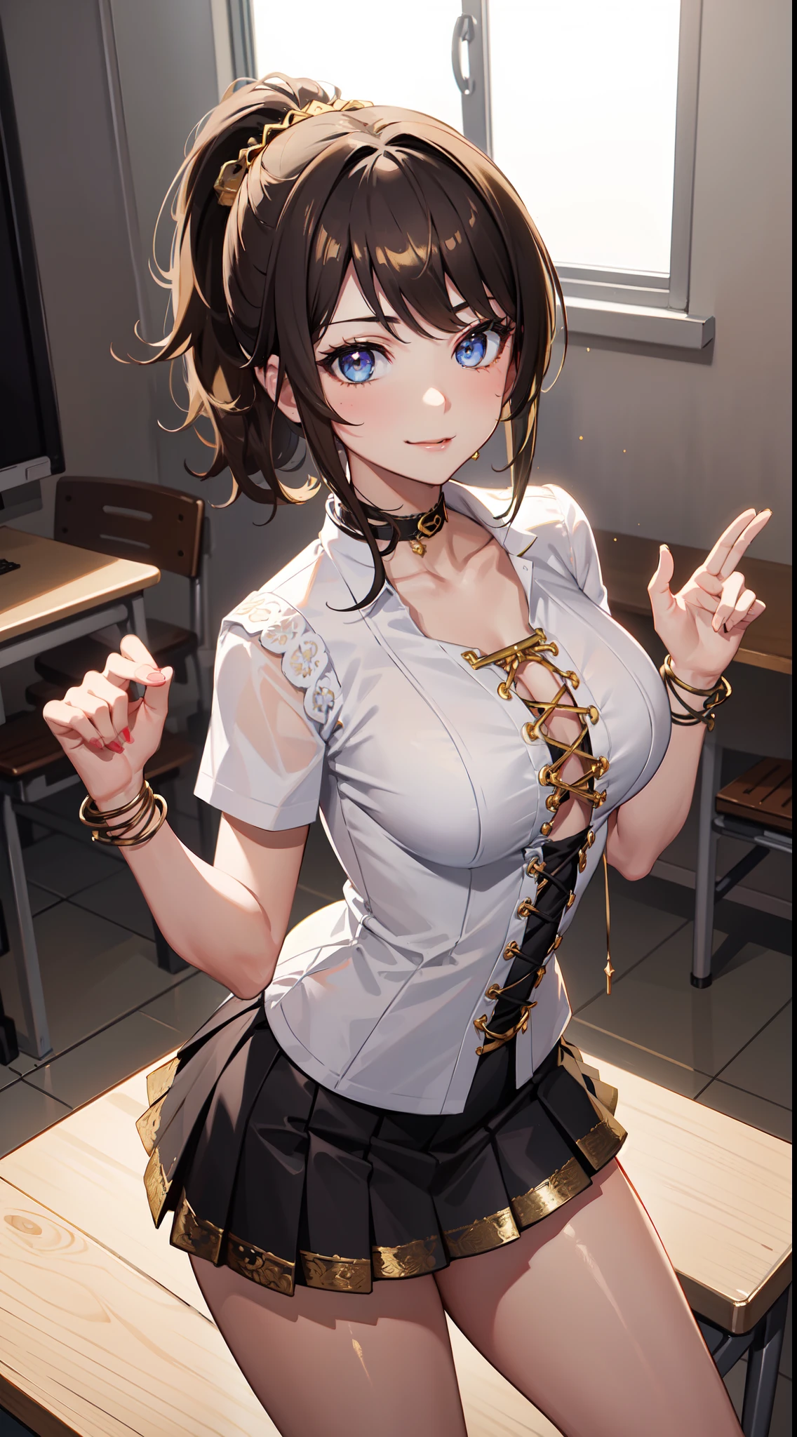 8K, A high resolution, Ultra detailed, (Masterpiece:1.4), Best quality, Symmetrical body, A beautiful 18-year-old Garu, (gyaru:1.4), (White lace-up cropped shirt and short black skirt:1.4), Cute, Solo, Long hair, (dark gold hair:1.4), Ponytail hairstyle, Blue eyes, Glow effect, Fine Eye, Detailed face, Teasing smile, view the viewer, Smile at the audience, Leaning forward, dominant look, teasing, (Seductive look:1.4), Big breasts, Sun, rim-light, Classroom (Sexy pose:1.4)Upper body naked，Lower body naked，Expose pray liquid milk