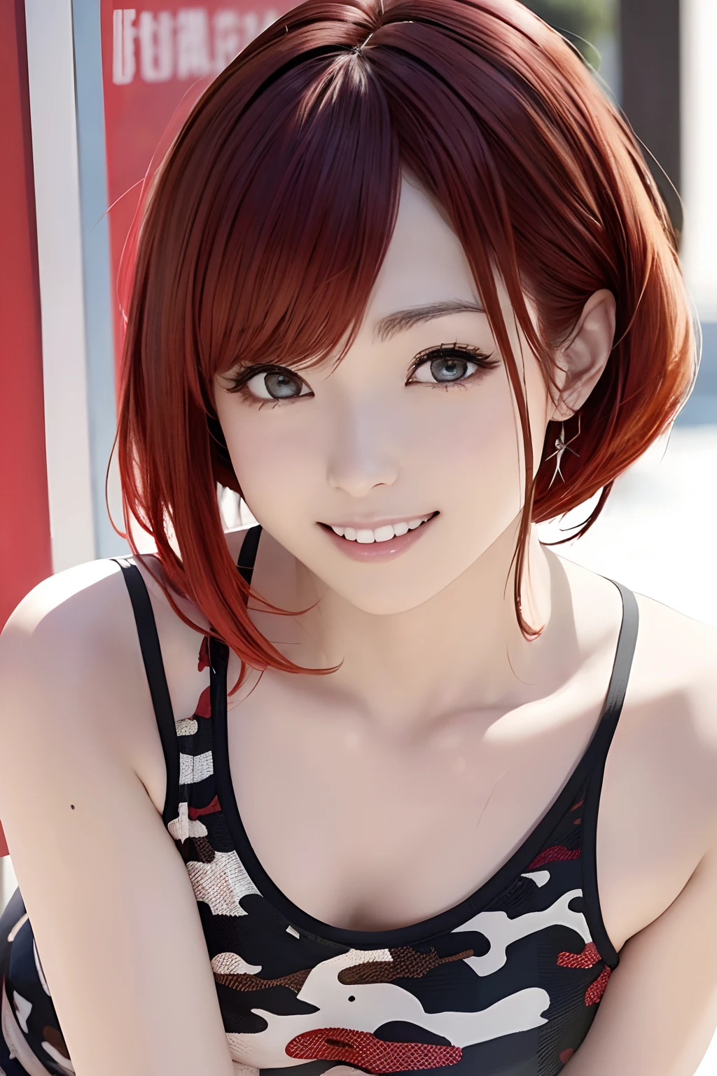 FULL BODYSHOT、an oil painting、masterpiece、top-quality、hight resolution、Red hair、Cheerful woman、A smile、Camouflage pattern tank top、Black hot pants、Sweaty skin、shores、The seaside looks fun、blue-sky、lightly dressed、bobhair、Medium hair、Bob Hair、Hair up to the shoulders、Kuroko around the eyes、Moles under the corners of the eyes、bright red hair、Wearing a camouflage pattern tank top、pheromone