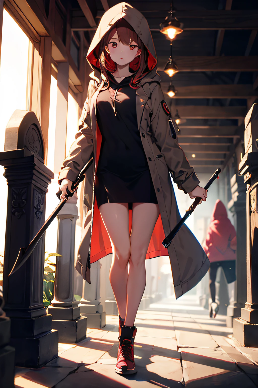 Cute hooded Grim Reaper shrouded in dark mist,Wielding a scythe,Emerge from the swirling shadows.Stand in the Cemetery of Forgotten Souls.(light brown and red striped hair,,,,,:1.3,),Perfect face,Proper body proportion,masutepiece,Super high-quality output images,超A high resolution,Intricate details,Extremely delicate and beautiful,photographrealistic,Dreamy,Professional Lighting,realistic shadow,Solo Focus,Beautiful hands,Beautiful fingers,Beautiful breast slip、Detailed red mouth、Detailed red cheeks