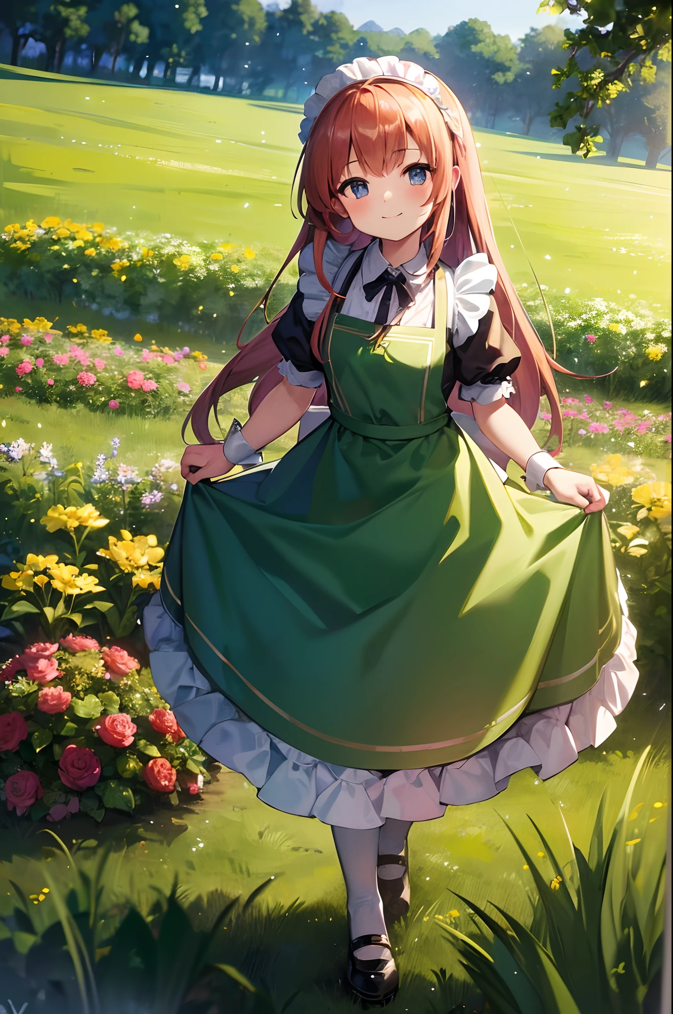Anime girl in green dress standing in a field of flowers - SeaArt AI