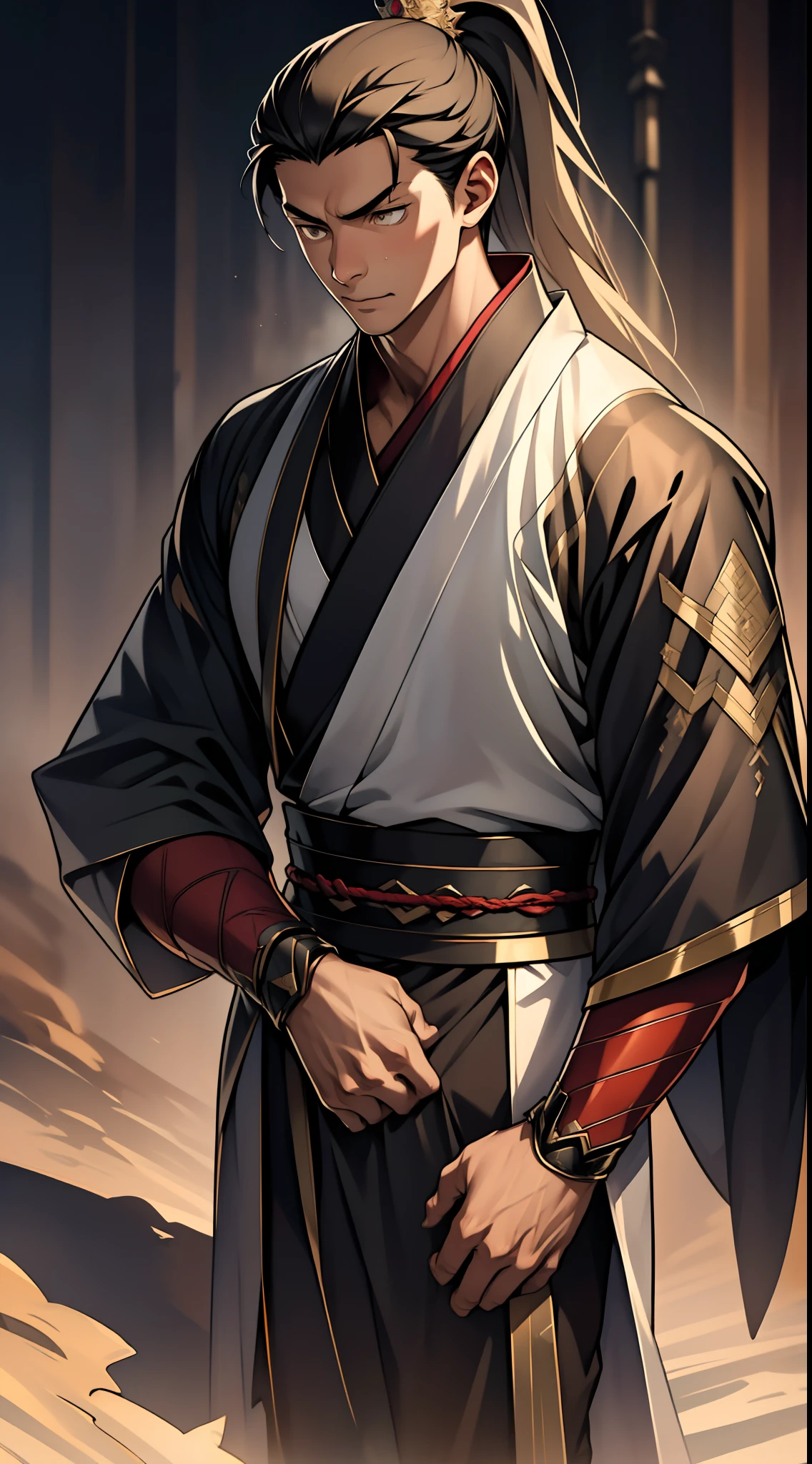 quadratic element,style of anime,mtu(Male Warrior),The proportions are correct,Face details,swordsmen,High ponytail hairstyle,Neck details,There is an Adam's apple,Black Hanfu,kaftan,Embroidered robes,Black robe,clothes details,Handing over,longer sleeves,Game quality,Swordsmanship,Light and shadow tracking,Ray traching,detailed glow,cg render,hair detail,cabelos preto e longos,Black eyes,Handsome,Handsome,(juvenile sense),Clothing is complicated,Perfectcomposition,Refinement,high qulity,higher details,Lots of details,The background is complex,a sense of atmosphere,