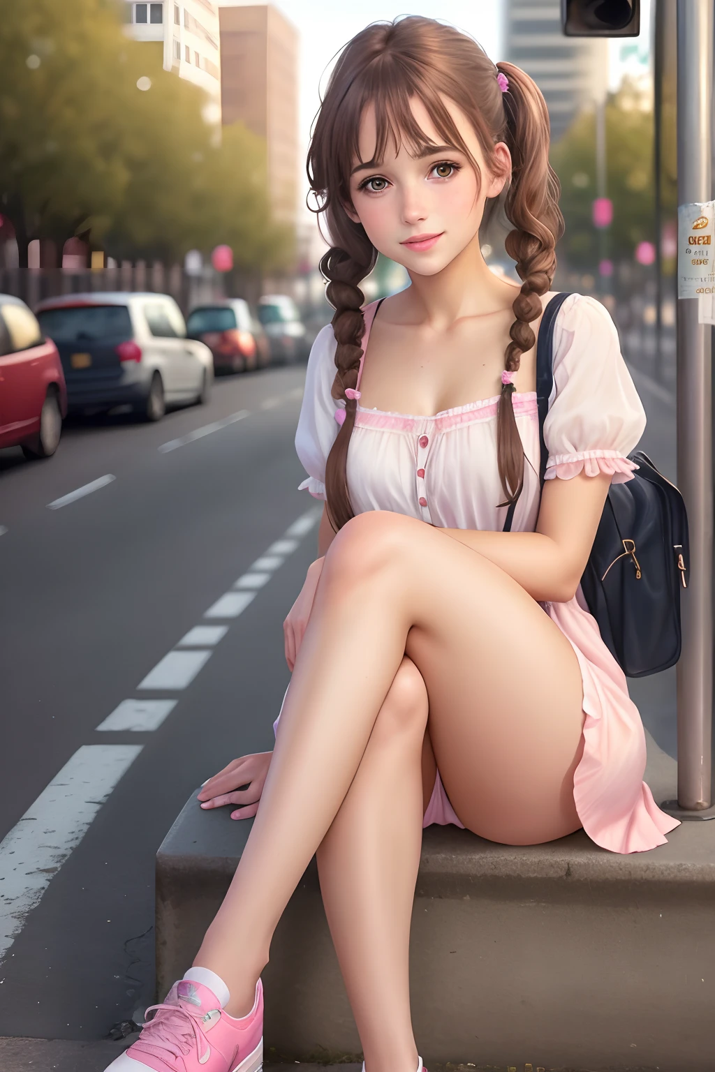 (best quality,4k,8k,highres,masterpiece:1.2),ultra-detailed,(realistic,photorealistic,photo-realistic:1.37),professional,brunette girl,pigtails,beautiful,female portrait,short pink dress,white panties,sitting,bus stop,foot focus,urban scene,vivid colors,soft sunlight,street environment,city view,pink flowers,brown hair flowing,pure skin,innocent expression,captivating smile,playful eyes,slim figure,long legs,curious onlookers,impeccable composition,high dynamic range,crisp details,subtle shadows,bokeh effect