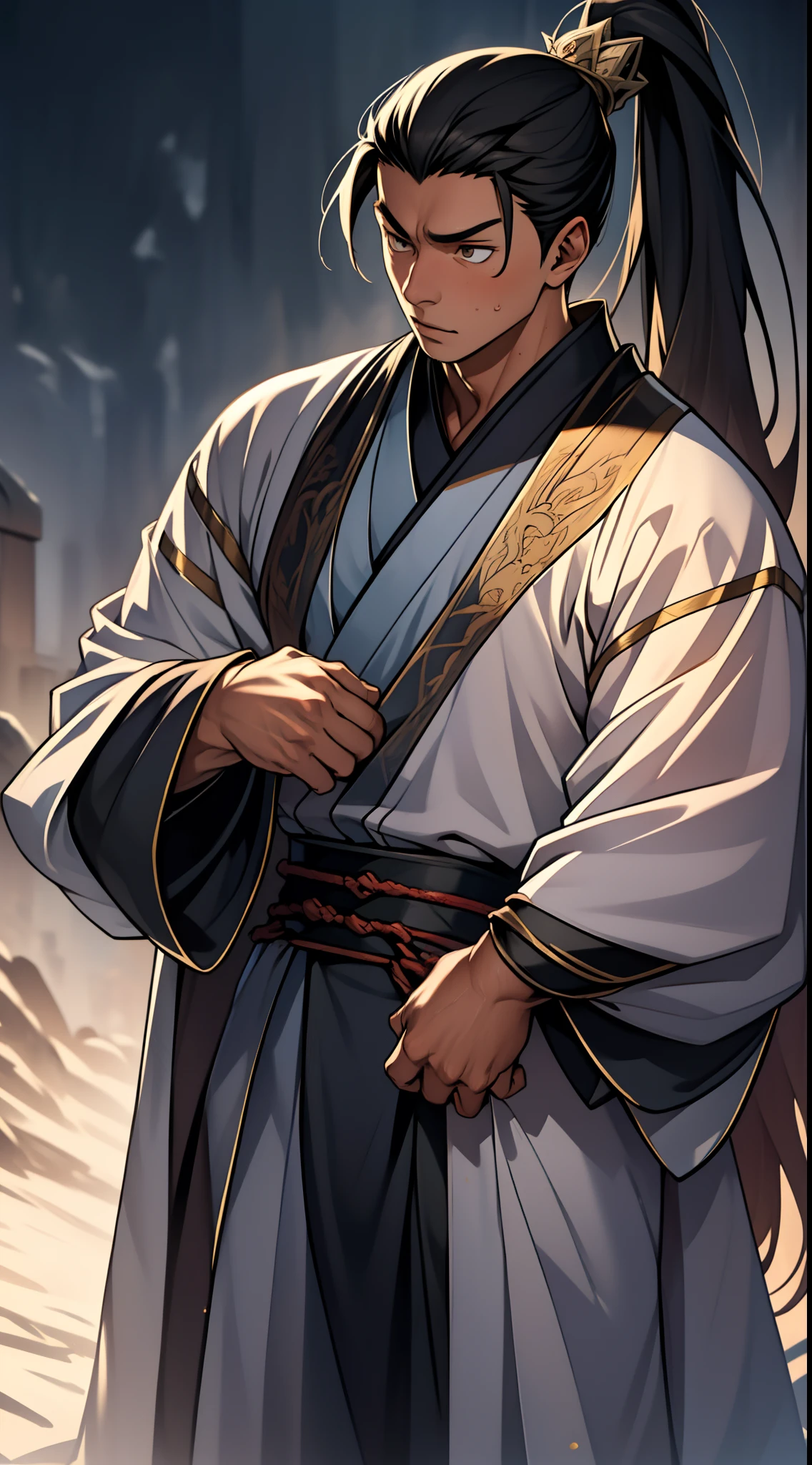 quadratic element,style of anime,mtu(Male Warrior),The proportions are correct,Face details,swordsmen,High ponytail hairstyle,Neck details,There is an Adam's apple,Black Hanfu,kaftan,Embroidered robes,Black robe,clothes details,Handing over,longer sleeves,Game quality,Swordsmanship,Light and shadow tracking,Ray traching,detailed glow,cg render,hair detail,cabelos preto e longos,Black eyes,Handsome,Handsome,(juvenile sense),Clothing is complicated,Perfectcomposition,Refinement,high qulity,higher details,Lots of details,The background is complex,a sense of atmosphere,