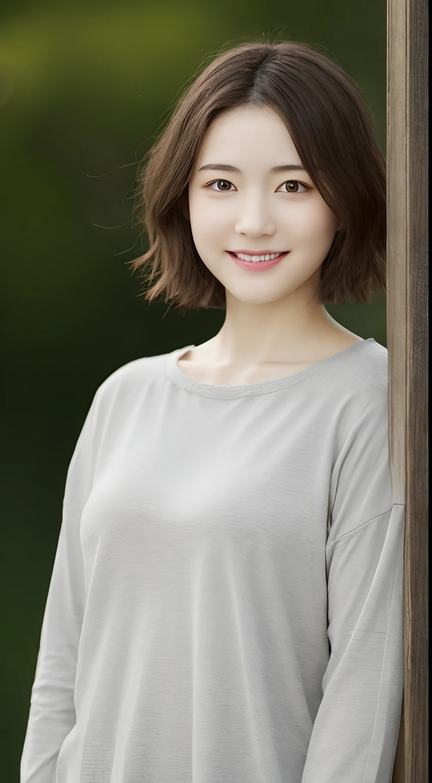 portlate、in 8K、hightquality、Realistic photo images、18year old、A Japanese Lady、Neat and clean college student、small tits、Reproduce natural and realistic eyes、Japan Person Stand、Beautiful black hair、Shorthair、light make-up、octan render、beautiful  lighting、Composition of the golden ratio、Everyday clothes、dressed casually、Natural background、blured background、age、Pure Japan human features、Lovely young woman、The upper part of the body、small tits、Light makeup、Suppin、Neat and clean beauty、A MILF、Sober clothing、pink there、Gray color、A slight smil、A dark-haired、Small black eyes、Background bokeh