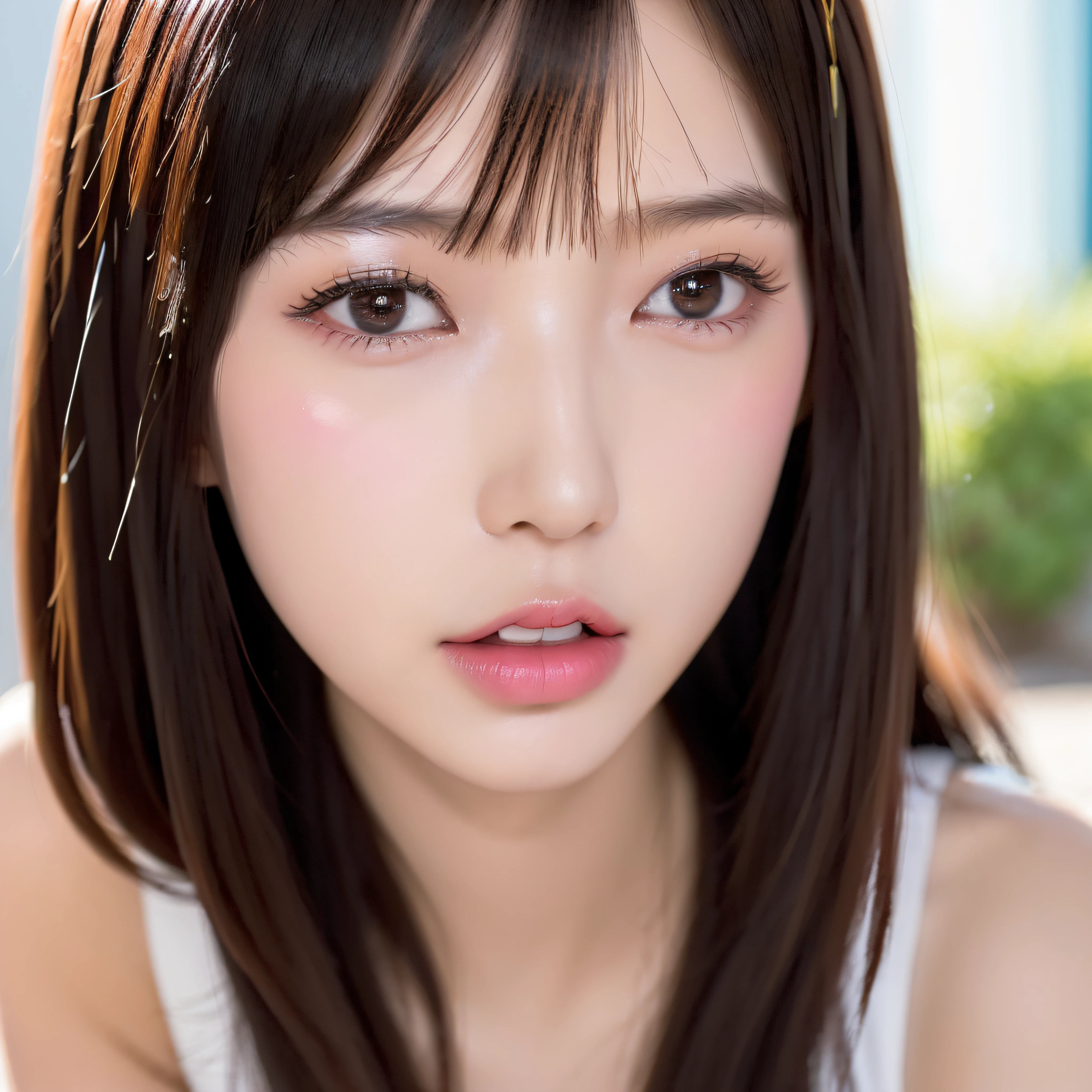 Beauty, Mystical Eyes、Big 、Super sexy、Pale skin、Shiny Hair、Bob Hair、Loose and fluffy perm、Brown Hair、Are fat、fat、smile、Heavy makeup、Pink lipstick、Thick lipoisturized lips、Plump、Voluptuous、spring、Blue sky、White cloud、looking at the camera、Has bangs、Bangs fall on the forehead、Heavy makeup、Heavy makeup、The face is dark、Exotic Face