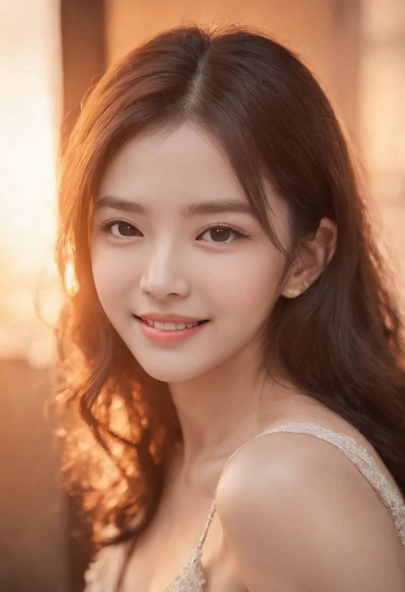 only one girl、((perfect bodies)))、(tmasterpiece)、((top-quality))、(ultra - detailed)、((Extremely Delicately Beautiful))、(((very shallow depth of field)))、NFFSW，(((unbelievable Ridiculous)))、((perfect bodies)))、(((brunette color hair)))、(((short detailed hair)))、(Okabo Hair)、(((Looking at the camera)))、(((small tits)))、(((The best smile that makes you happy)))、String Camisole Dress、Mare+Background with、dynamic ungle、female focus on、{Particles of Light}、Meticulous background、Soft lighting、Evening glow、Very beautiful sunsets、Live action、hentail realism、From the angle from below、cute smiling face、(The background is blurred)、((ventania))、(((sport)))、(((Emotional)))、((Extremely colorful))、((a baby face))、((Beautiful teeth)) 、background of the sea