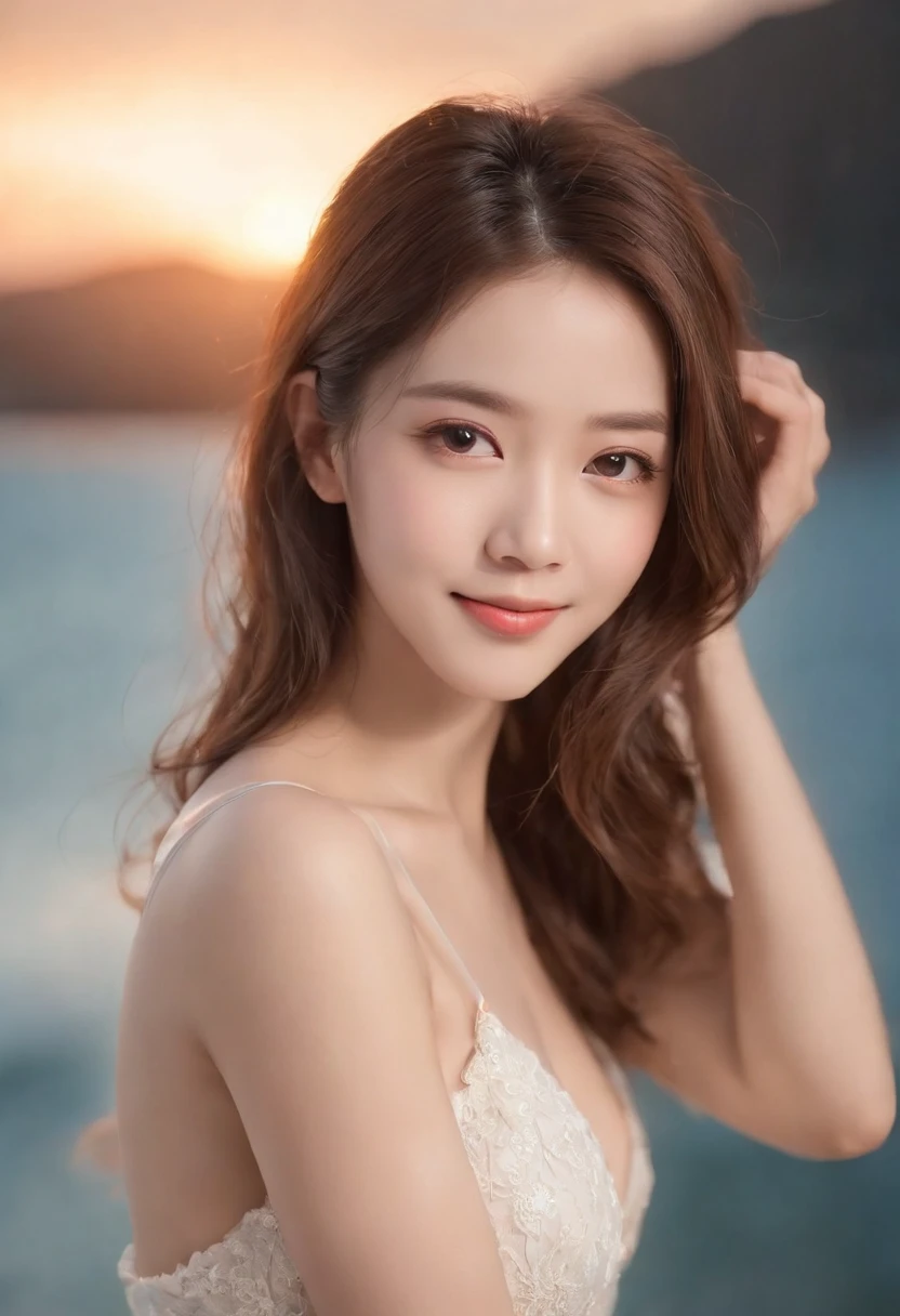 only one girl、((perfect bodies)))、(tmasterpiece)、((top-quality))、(ultra - detailed)、((Extremely Delicately Beautiful))、(((very shallow depth of field)))、NFFSW,(((unbelievable Ridiculous)))、((perfect bodies)))、(((brunette color hair)))、(((short detailed hair)))、(Okabo Hair)、(((Looking at the camera)))、(((small tits)))、(((The best smile that makes you happy)))、String Camisole Dress、Mare+Background with、dynamic ungle、female focus on、{Particles of Light}、Meticulous background、Soft lighting、Evening glow、Very beautiful sunsets、Live action、hentail realism、From the angle from below、cute smiling face、(The background is blurred)、((ventania))、(((sport)))、(((Emotional)))、((Extremely colorful))、((a baby face))、((Beautiful teeth)) 、background of the sea