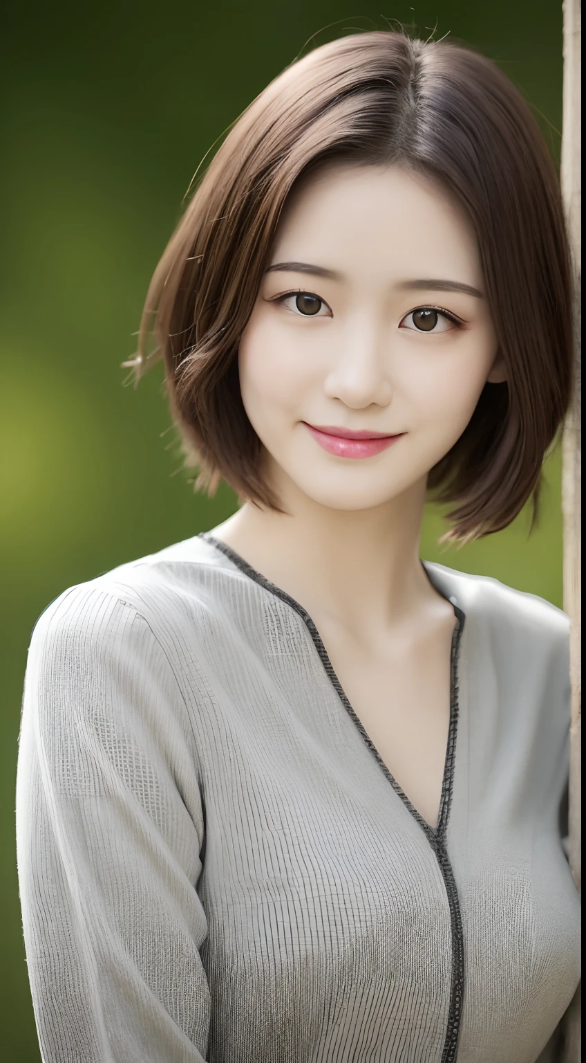 Realistic photos of 1 cute Korean actress, hair over shoulder, White skin, thin makeup, Bust size 32 inches, slightly smile, Wearing gray crop top, in the village garden, close-up portrait,  UHD
