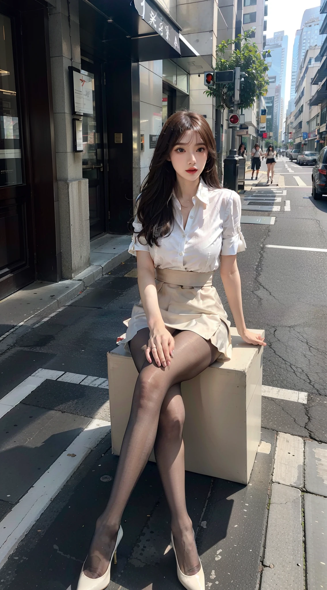 Heavy makeup,Stiletto pointed toe heels,Transparent colorless flesh silk pantyhose,Long legs,8K,On the street,In the daytime,By bangs,Single ball head,tightshortsleeve,Short skirt at the bottom,two women