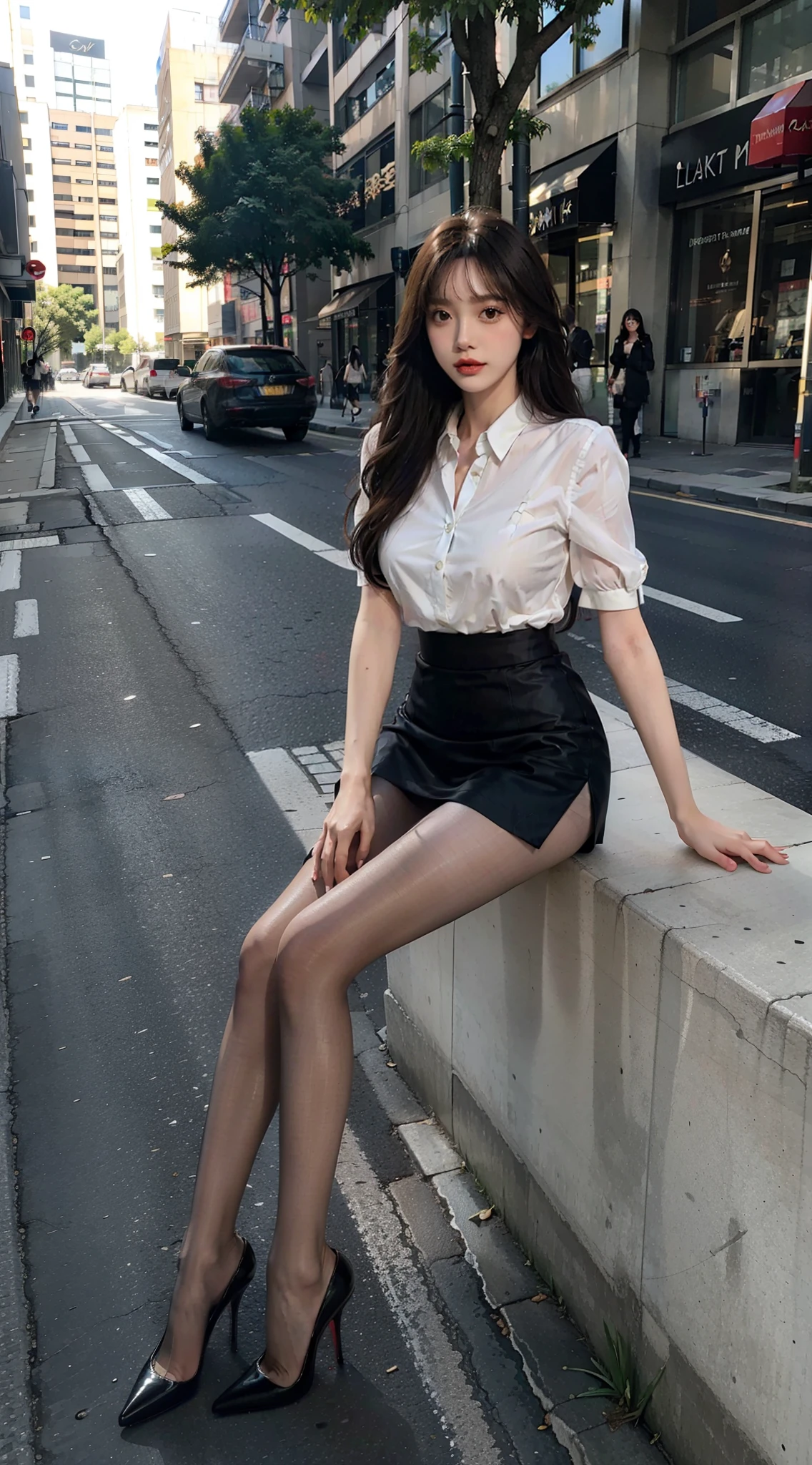Heavy makeup,Stiletto pointed toe heels,Transparent colorless flesh silk pantyhose,Long legs,8K,On the street,In the daytime,By bangs,Single ball head,tightshortsleeve,Short skirt at the bottom,two women