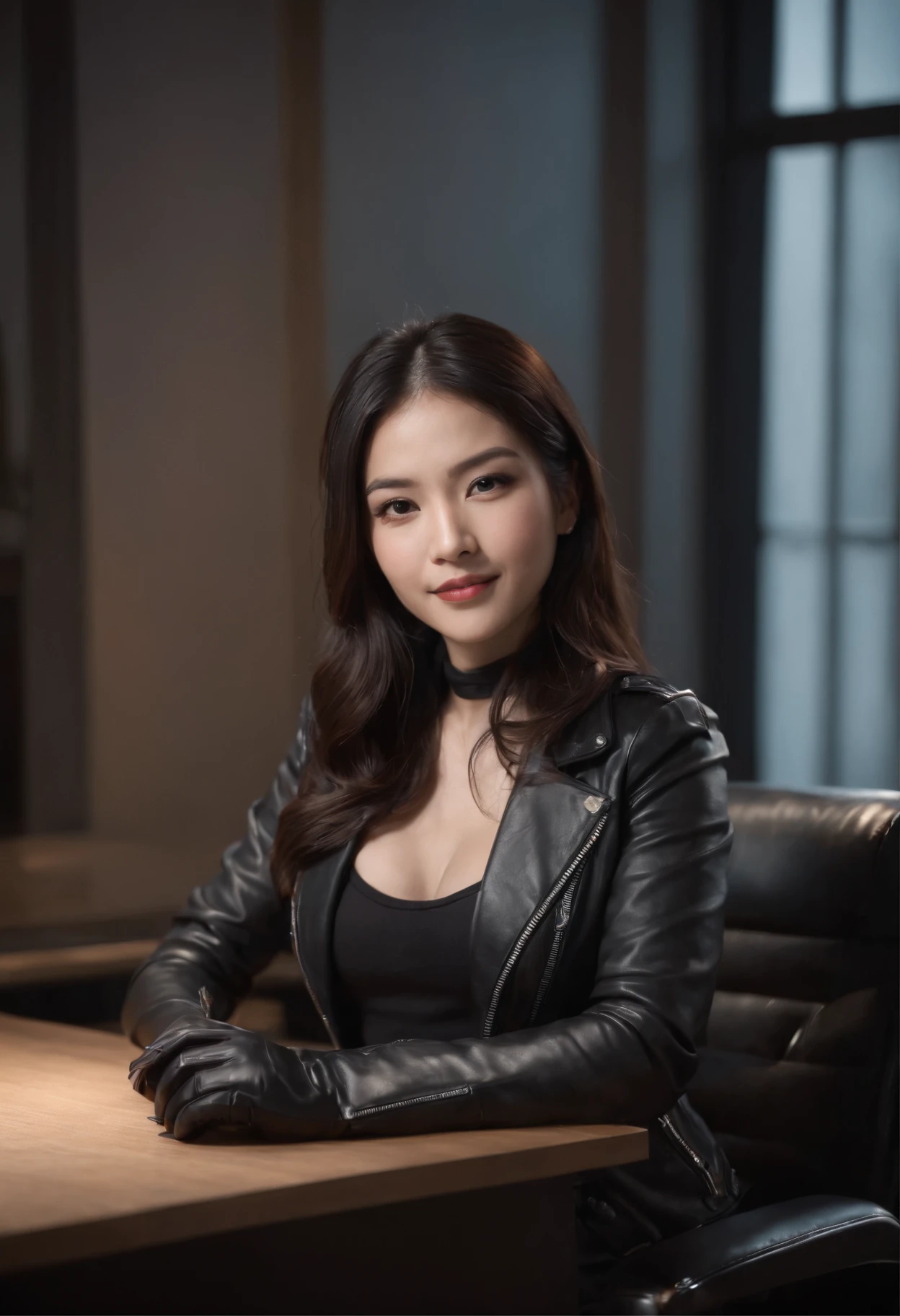 Wearing black leather gloves in both hands Upper body Black leather riders jacket Necklace on the chest Facing the desk in the modern study in the dark, looking down and smiling, long straight black hair Young Japanese woman (black leather gloves covering both hands) Sitting on a chair with the fingers of black leather gloves and working on the computer