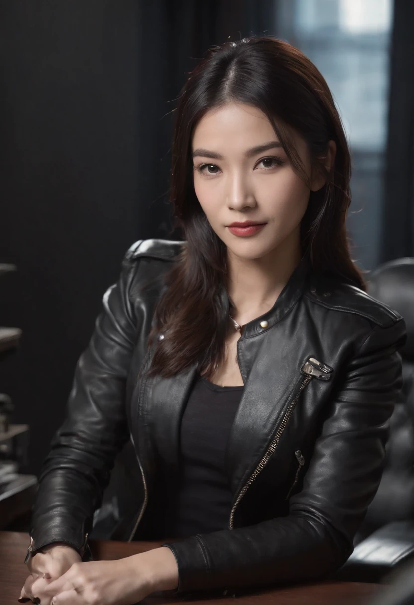 Wearing black leather gloves in both hands Upper body Black leather riders jacket Necklace on the chest Facing the desk in the modern study in the dark, looking down and smiling, long straight black hair Young Japanese woman (black leather gloves covering both hands) Sitting on a chair with the fingers of black leather gloves and working on the computer