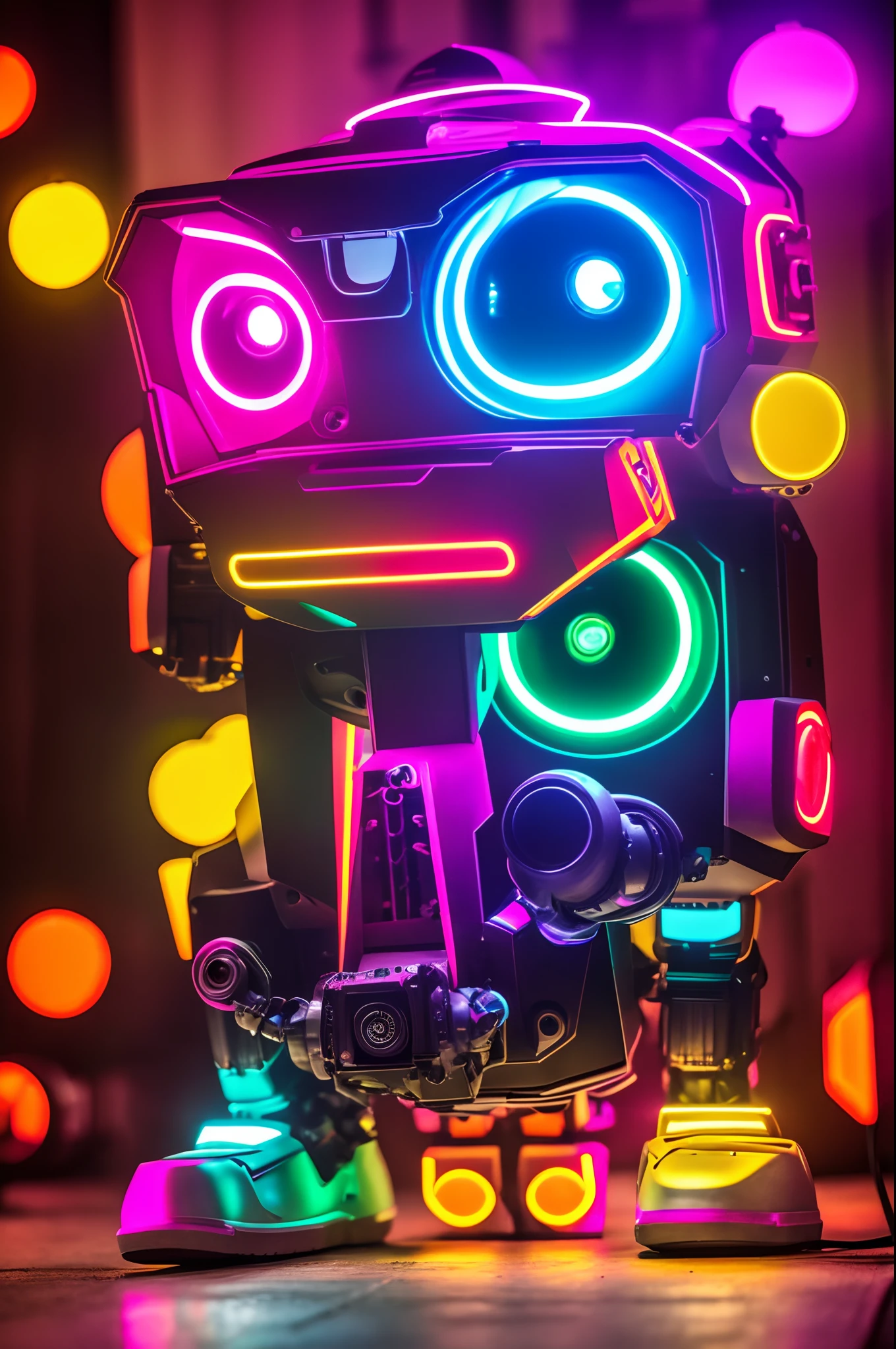 robot with digital head square eyes futristico neon style, pernas flutuantes, usando celular