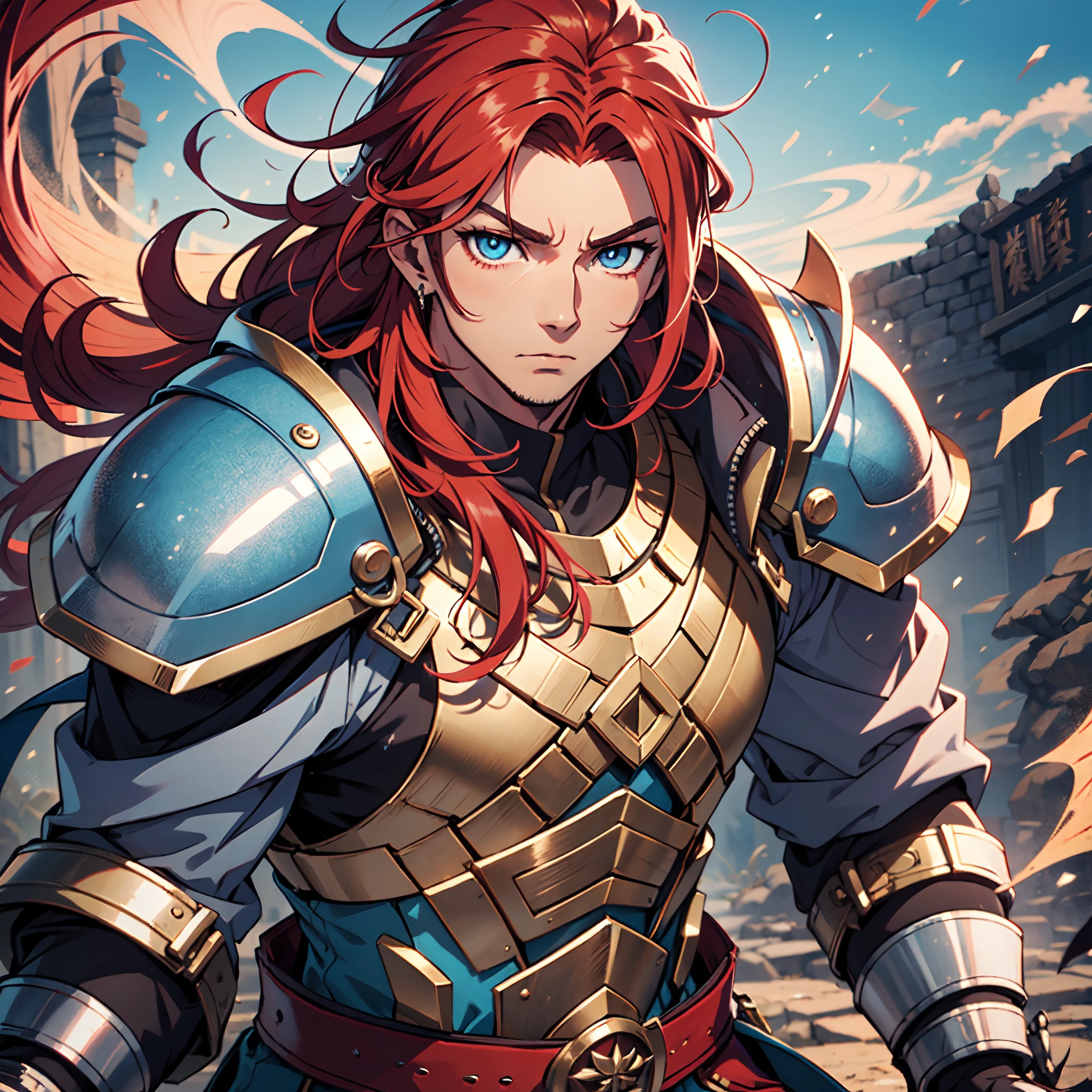 Ultra High Definition, Ultra High Quality, Extremely Detailed, Perfectly Detailed, Masterpiece, 8k, 1 Boy, Look A Like Xin From Kingdom Anime, Handsome, Equipped With Royal Knight Armor, Solid Light Blue Eyes, Long Red Hair, Body Shot, Ancient Kingdom Background