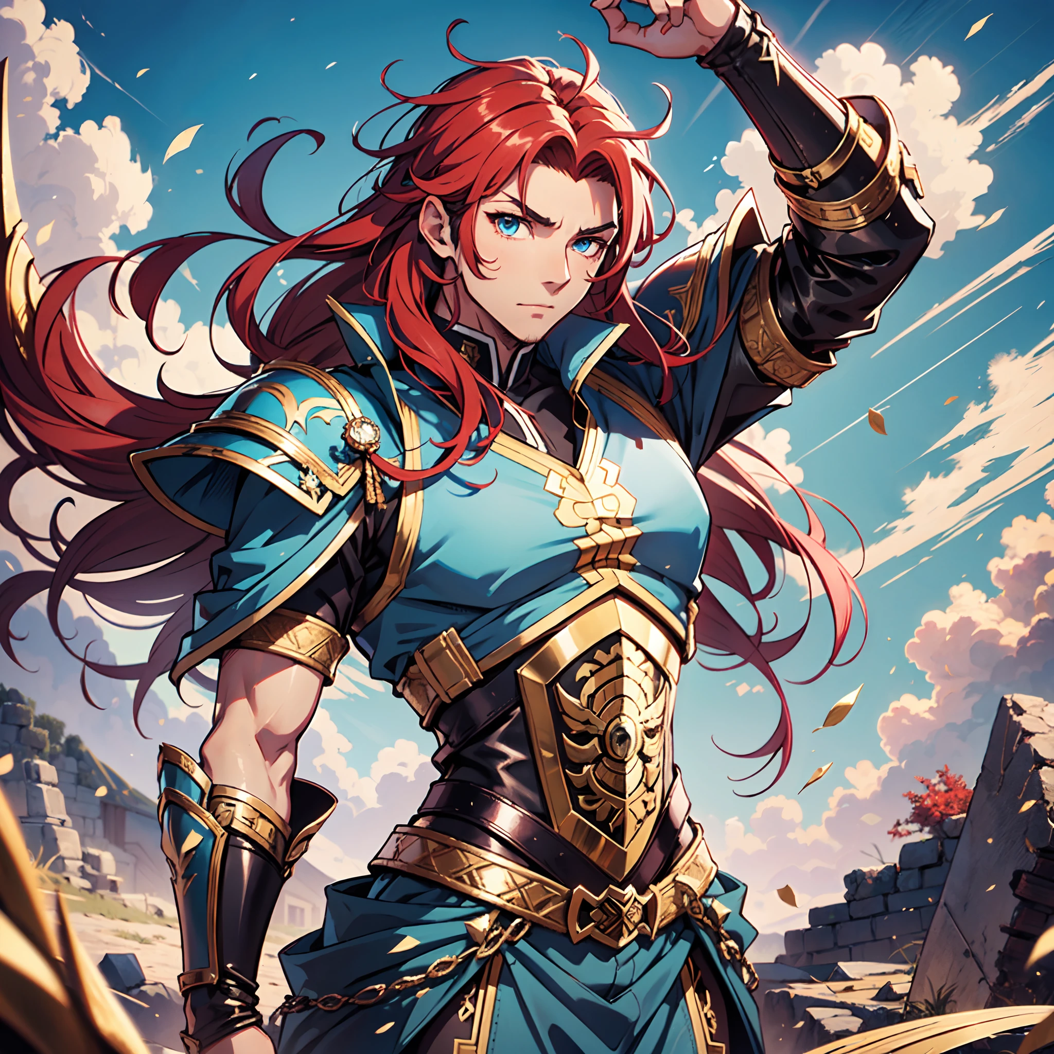 Ultra High Definition, Ultra High Quality, Extremely Detailed, Perfectly Detailed, Masterpiece, 8k, 1 Boy, Look A Like Xin From Kingdom Anime, Handsome, Equipped With Royal Knight Armor, Solid Light Blue Eyes, Long Red Hair, Body Shot, Ancient Kingdom Background