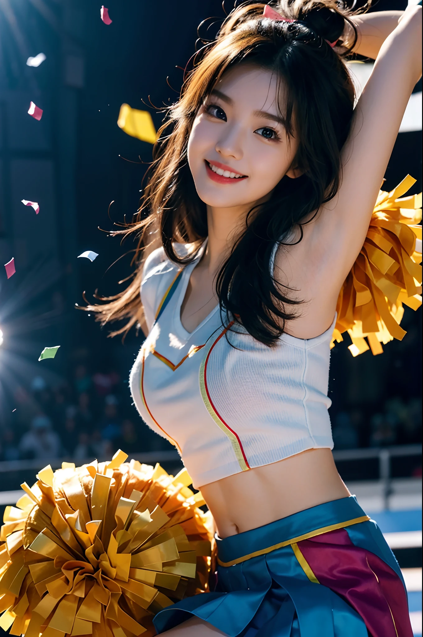 Highest quality、8k、No makeup、masterpiece、Ultra-high resolution、Clear photos、Realistic、Professional Lighting、(very cute)、Cheerleader、smile、(Large erect nipples)、Ultra slim、Tight waist、Slender body、Thin legs、Brown Hair、smile、Field、Under the blazing sun、(タイトなCheerleaderのユニホームを着て)、(mini skirt)、(Jump towards the camera:1.8、Jump High:1.8)、(with legs wide open,)、(I flipped up my skirt)、(She gets excited and shows off her white lace panties)、Full body photo:1.4