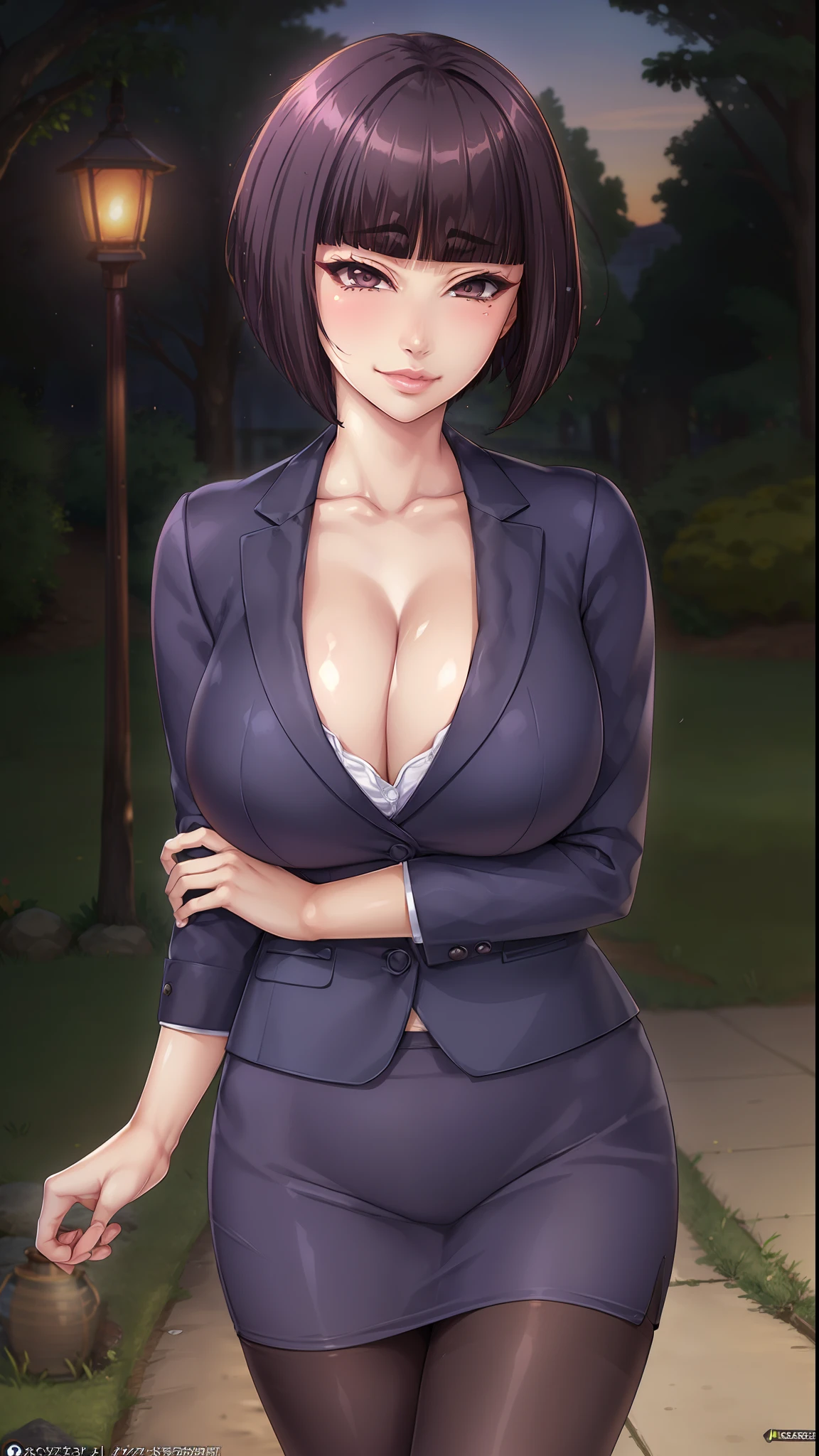 (masterpiece, best quality, high quality, realistic:1.3), (vibrant colors, vivid colors, Diffused lighting:1.1), Itsuki Shima, mature female, (cowboy shot:1.2), black pantyhose, pencil skirt, short hair, brown hair, bob cut, brown eyes, huge breasts, cleavage, looking at viewer, office lady, formal, suit, skirt suit, jacket, collared shirt, perfect body, perfect eyes, anime eyes, eyeshadow, perfect face, (horny, blush, smirking:1.1), evening park, sunset, bright background, grass, japaneese park background, park lanterns, intricate background, sharp focus, professional artwork, intricate details, digital blending, ultra detailed body, ultra detail hair, ultra detail face, trending on pixiv,