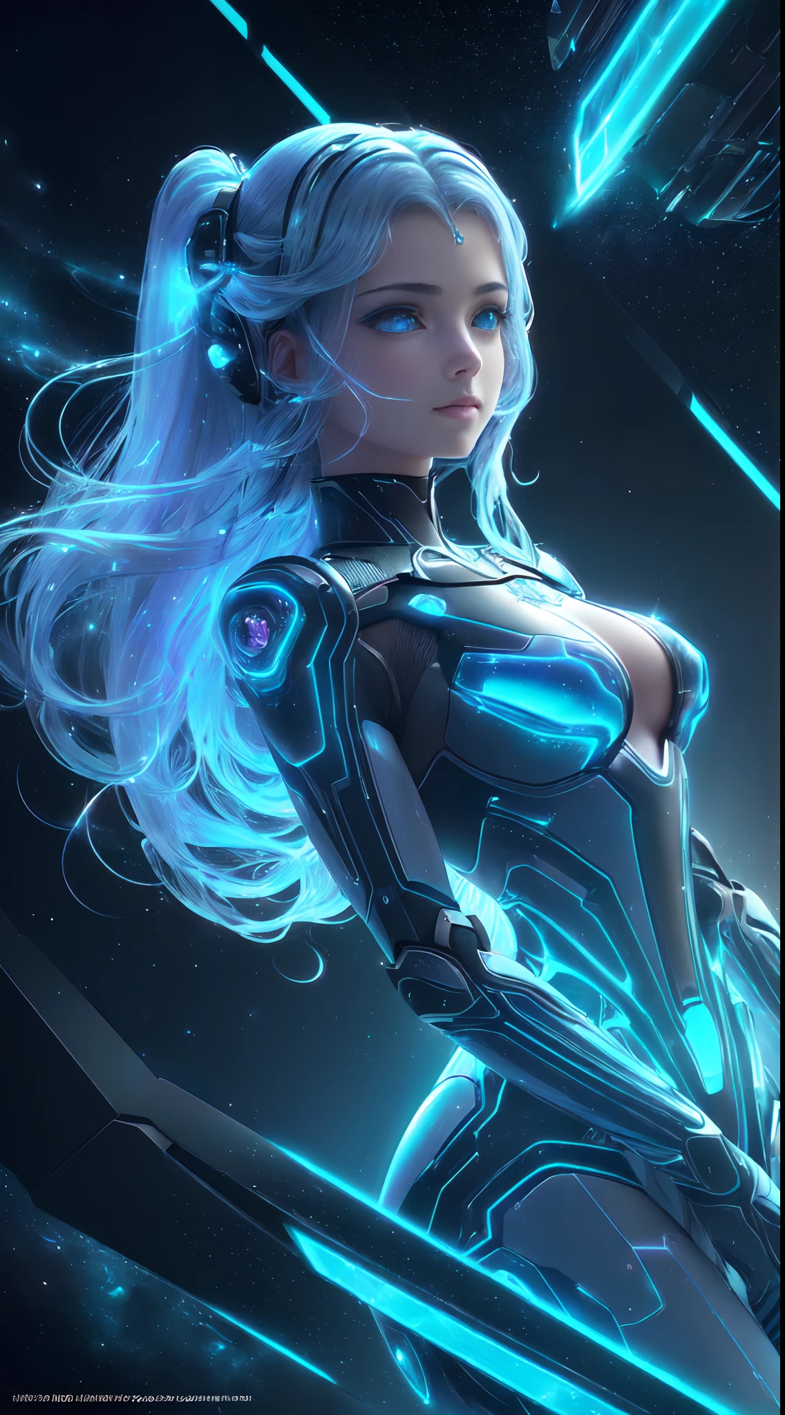 motor irreal:1.4,UHD,La mejor calidad:1.4, fotorrealista:1.4, textura de la piel:1.4, obra maestra:1.8,((Beautiful robot woman Vividly colored digital image of a symmetrical young and ethereally beautiful face with icy blue long hair and eyes reflecting the galaxy., With an elegant futuristic dress that shines with holographic light reflections, De pie frente a un elegante, Glowing portal emitting fog and glowing particles, It's inside a high-tech lab full of screens and shiny equipment......, Rendered in a stunning sci-fi anime art style with cinematic lighting, intricate linework, and a beautiful structure of atmospheric glow effects )),(manos Detallado:1.4),