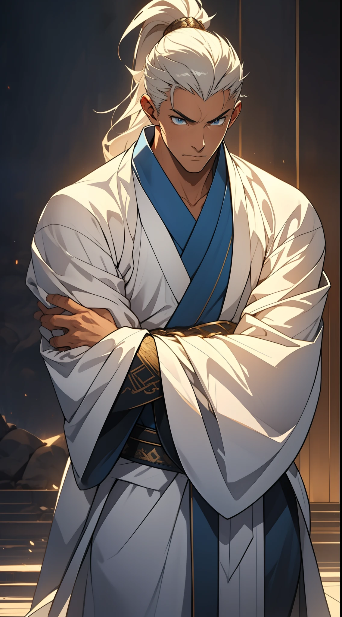 ((muste piece)), ((best quality)), ((brown skin)), ((dark blue eyes)), ((Dark blue hair))、handsome man , ((short hair)), masculine、tall、sexy、Adult man、Three white eyes、handsome man、firmly、muscular、broad shoulders、smile、wild、とてもwild、(((long gown))、 (highest quality), very detailed, focus only，perfect face, very detailed顔、Daiki Aomine