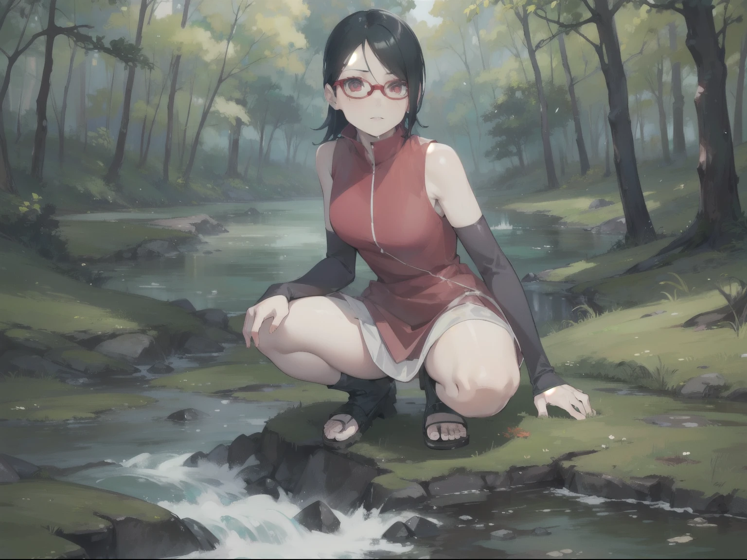 Sarada uchiha, glasses, sleeveless dress, , crouching position, ((forest, river, wet )), ((4k resolution, good quality, good anatomy))