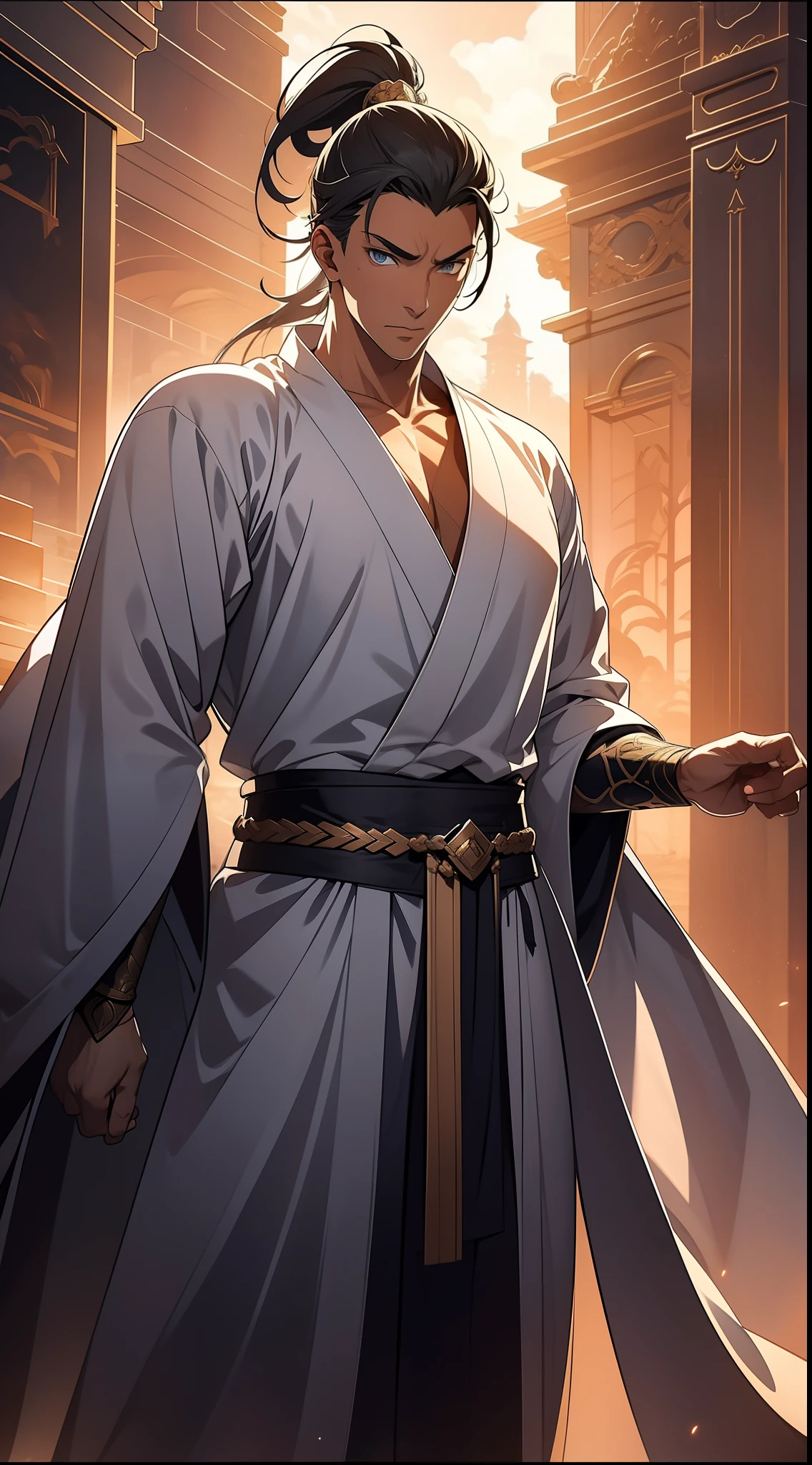 quadratic element,style of anime,mtu(Male Warrior),The proportions are correct,Face details,swordsmen,High ponytail hairstyle,Neck details,There is an Adam's apple,White robe,kaftan,long white robe,clothes details,Handing over,longer sleeves,Game quality,Swordsmanship,Light and shadow tracking,Ray traching,detailed glow,cg render,hair detail,cabelos preto e longos,blue colored eyes,Handsome,Handsome,(juvenile sense),Clothing is complicated,Perfectcomposition,Refinement,high qulity,higher details,Lots of details,The background is complex,a sense of atmosphere,