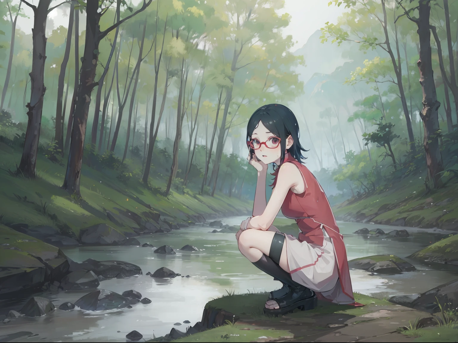 Sarada uchiha, glasses, sleeveless dress, , crouching position, ((forest, river, wet  )), ((4k resolution, good quality, good anatomy))