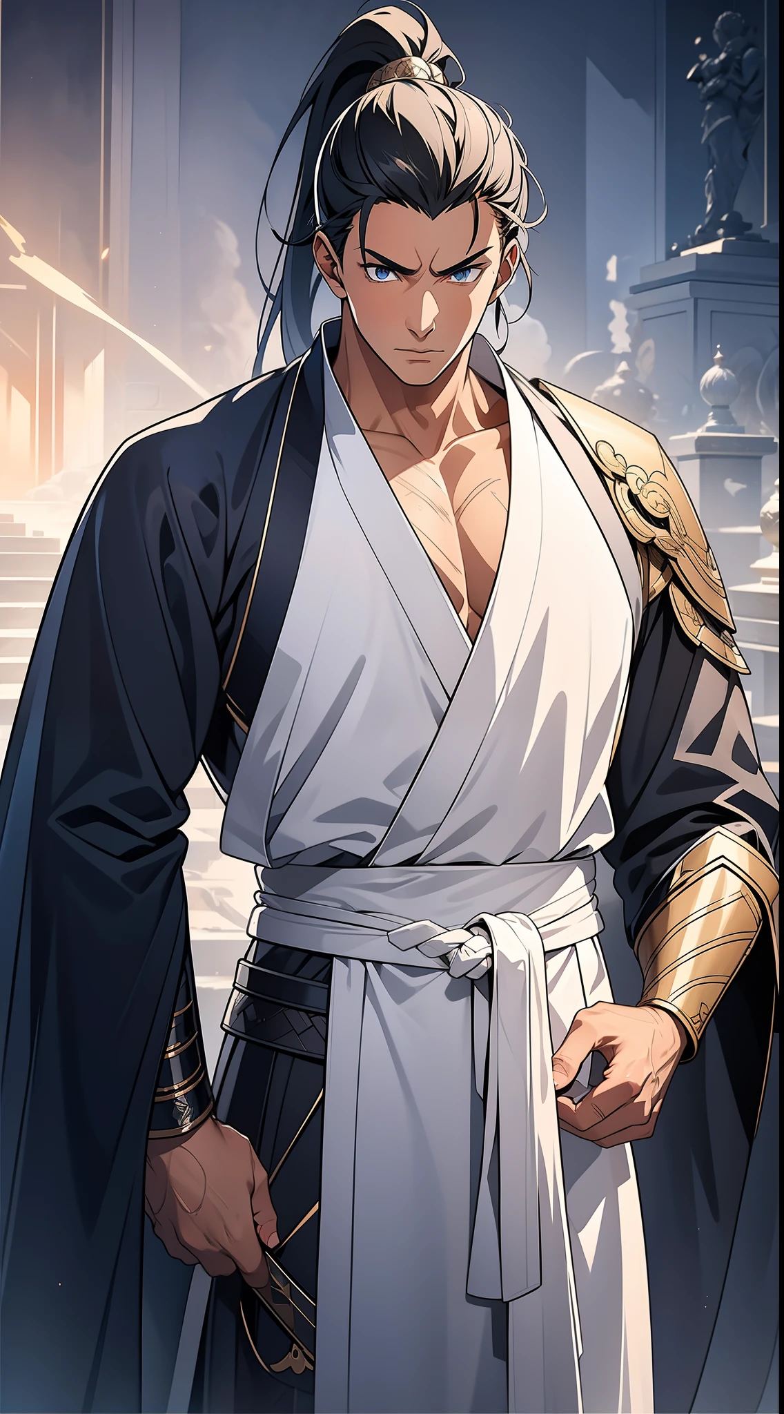 quadratic element，style of anime，mtu（Male Warrior），The proportions are correct，Face details，swordsmen，High ponytail hairstyle，Neck details，There is an Adam's apple，White robe，kaftan，long white robe，clothes details，Handing over，longer sleeves，Game quality，Swordsmanship，Light and shadow tracking，Ray traching，detailed glow，cg render，hair detail，cabelos preto e longos，blue colored eyes，Handsome，Handsome，（juvenile sense），Clothing is complicated，Perfectcomposition，Refinement，high qulity，higher details，Lots of details，The background is complex，a sense of atmosphere，