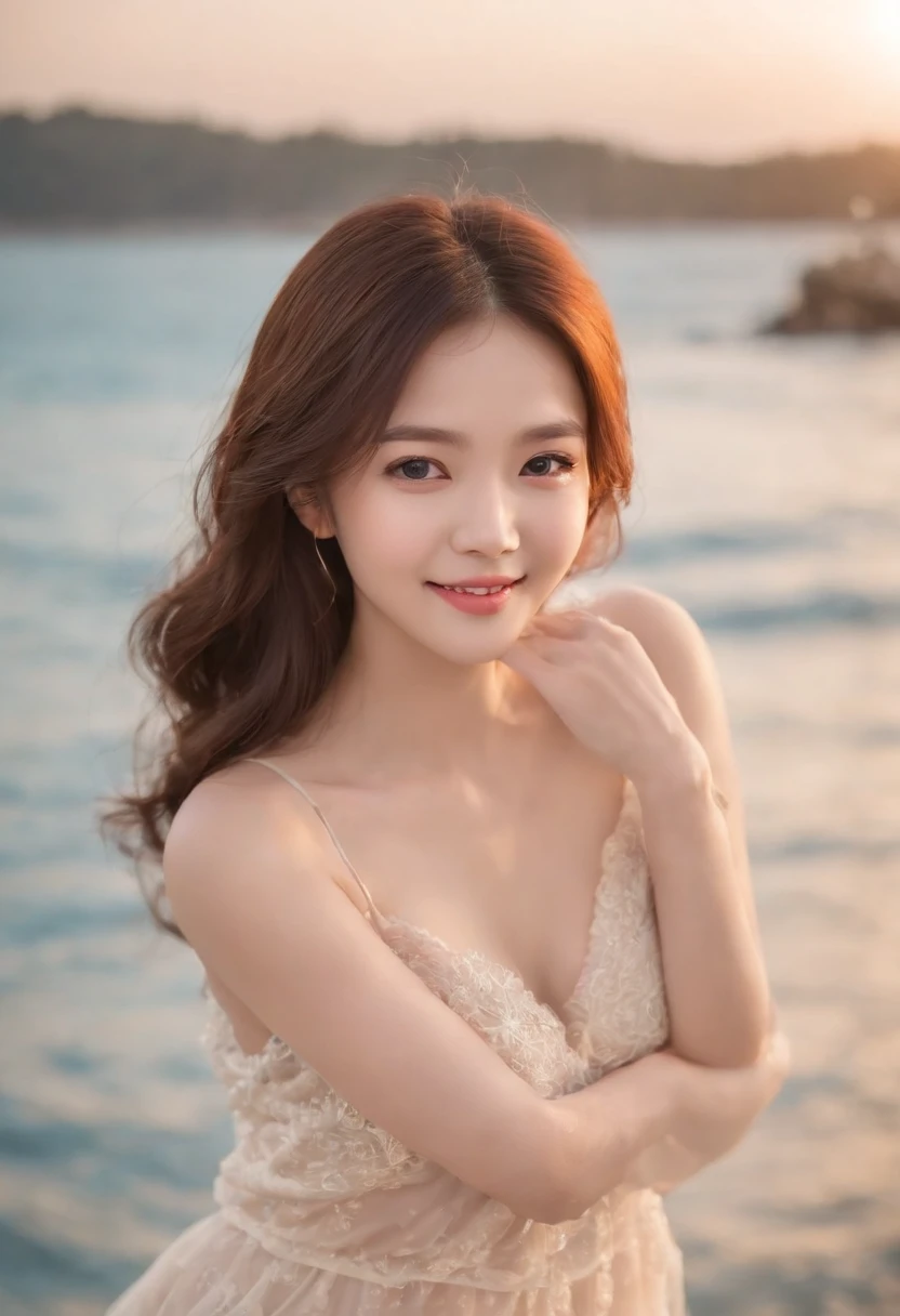 only one girl、((perfect bodies)))、(tmasterpiece)、((top-quality))、(ultra - detailed)、((Extremely Delicately Beautiful))、(((very shallow depth of field)))、NFFSW，(((unbelievable Ridiculous)))、((perfect bodies)))、(((brunette color hair)))、(((short detailed hair)))、(Okabo Hair)、(((Looking at the camera)))、(((small tits)))、(((The best smile that makes you happy)))、String Camisole Dress、Mare+Background with、dynamic ungle、female focus on、{Particles of Light}、Meticulous background、Soft lighting、Evening glow、Very beautiful sunsets、Live action、hentail realism、From the angle from below、cute smiling face、(The background is blurred)、((ventania))、(((sport)))、(((Emotional)))、((Extremely colorful))、((a baby face))、((Beautiful teeth)) 、background of the sea
