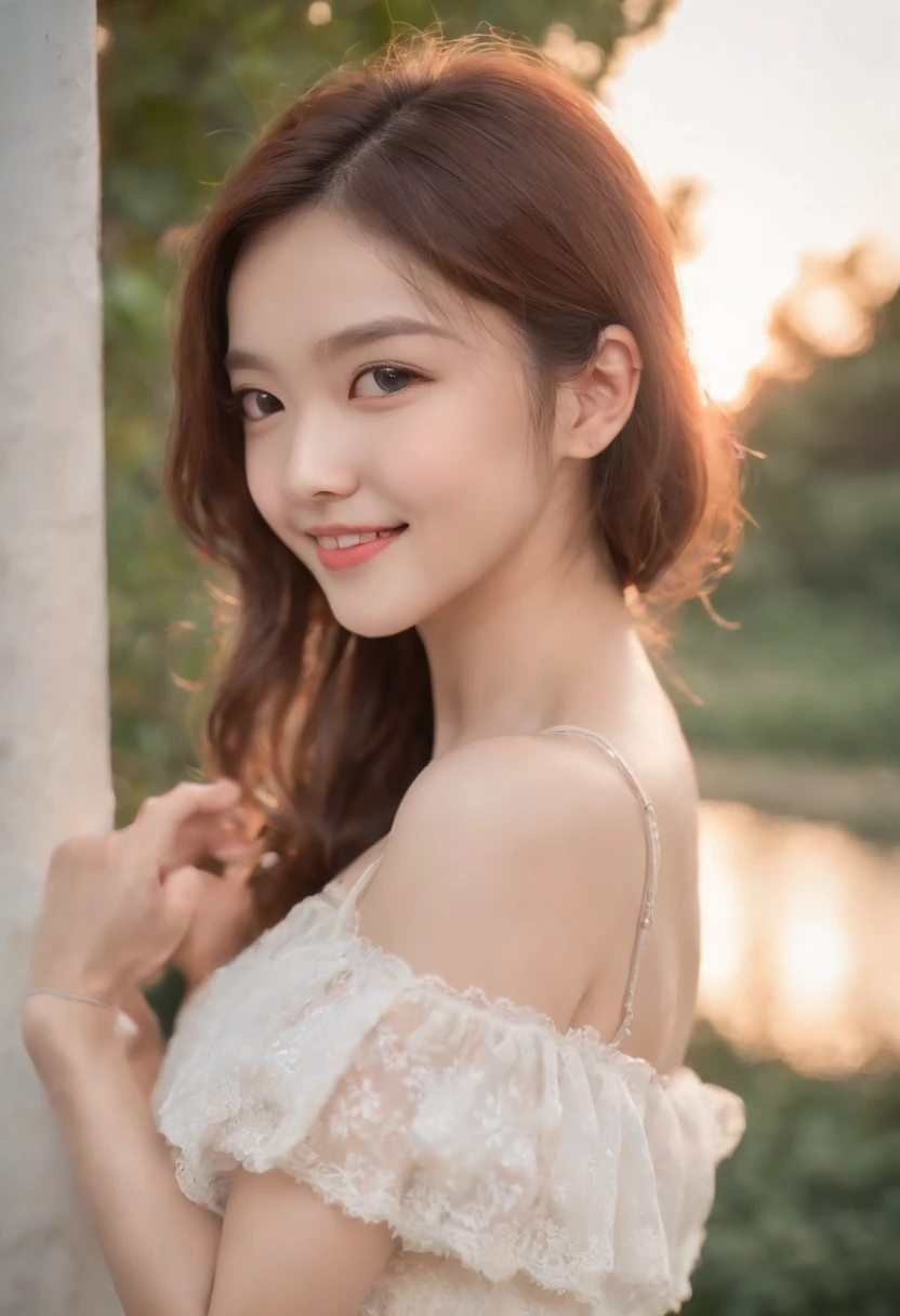 only one girl、((perfect bodies)))、(tmasterpiece)、((top-quality))、(ultra - detailed)、((Extremely Delicately Beautiful))、(((very shallow depth of field)))、NFFSW,(((unbelievable Ridiculous)))、((perfect bodies)))、(((brunette color hair)))、(((short detailed hair)))、(Okabo Hair)、(((Looking at the camera)))、(((small tits)))、(((The best smile that makes you happy)))、String Camisole Dress、Mare+Background with、dynamic ungle、female focus on、{Particles of Light}、Meticulous background、Soft lighting、Evening glow、Very beautiful sunsets、Live action、hentail realism、From the angle from below、cute smiling face、(The background is blurred)、((ventania))、(((sport)))、(((Emotional)))、((Extremely colorful))、((a baby face))、((Beautiful teeth)) 、background of the sea