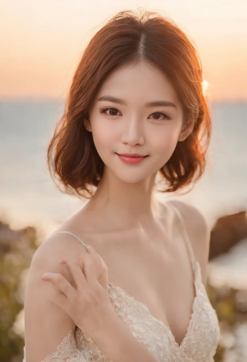 only one girl、((perfect bodies)))、(tmasterpiece)、((top-quality))、(ultra - detailed)、((Extremely Delicately Beautiful))、(((very shallow depth of field)))、NFFSW，(((unbelievable Ridiculous)))、((perfect bodies)))、(((brunette color hair)))、(((short detailed hair)))、(Okabo Hair)、(((Looking at the camera)))、(((small tits)))、(((The best smile that makes you happy)))、String Camisole Dress、Mare+Background with、dynamic ungle、female focus on、{Particles of Light}、Meticulous background、Soft lighting、Evening glow、Very beautiful sunsets、Live action、hentail realism、From the angle from below、cute smiling face、(The background is blurred)、((ventania))、(((sport)))、(((Emotional)))、((Extremely colorful))、((a baby face))、((Beautiful teeth)) 、background of the sea