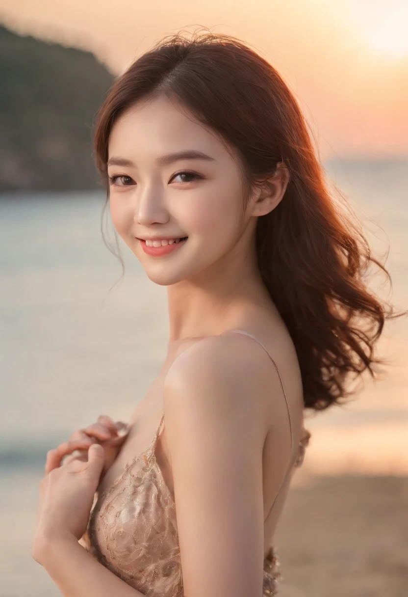 only one girl、((perfect bodies)))、(tmasterpiece)、((top-quality))、(ultra - detailed)、((Extremely Delicately Beautiful))、(((very shallow depth of field)))、NFFSW,(((unbelievable Ridiculous)))、((perfect bodies)))、(((brunette color hair)))、(((short detailed hair)))、(Okabo Hair)、(((Looking at the camera)))、(((small tits)))、(((The best smile that makes you happy)))、String Camisole Dress、Mare+Background with、dynamic ungle、female focus on、{Particles of Light}、Meticulous background、Soft lighting、Evening glow、Very beautiful sunsets、Live action、hentail realism、From the angle from below、cute smiling face、(The background is blurred)、((ventania))、(((sport)))、(((Emotional)))、((Extremely colorful))、((a ))、((Beautiful teeth)) 、background of the sea