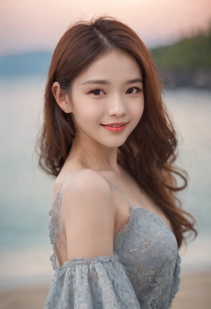 only one girl、((perfect bodies)))、(tmasterpiece)、((top-quality))、(ultra - detailed)、((Extremely Delicately Beautiful))、(((very shallow depth of field)))、NFFSW,(((unbelievable Ridiculous)))、((perfect bodies)))、(((brunette color hair)))、(((short detailed hair)))、(Okabo Hair)、(((Looking at the camera)))、(((small tits)))、(((The best smile that makes you happy)))、String Camisole Dress、Mare+Background with、dynamic ungle、female focus on、{Particles of Light}、Meticulous background、Soft lighting、Evening glow、Very beautiful sunsets、Live action、hentail realism、From the angle from below、cute smiling face、(The background is blurred)、((ventania))、(((sport)))、(((Emotional)))、((Extremely colorful))、((a ))、((Beautiful teeth)) 、background of the sea