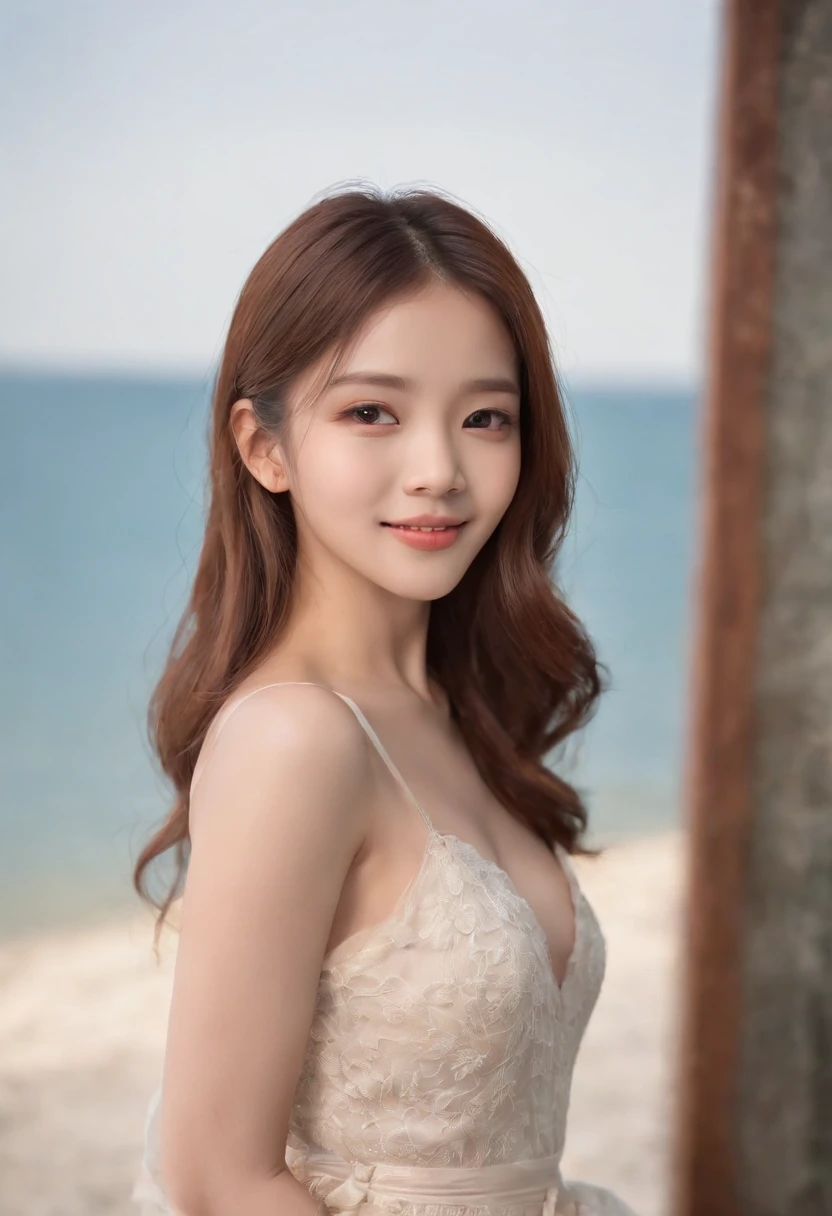 only one girl、((perfect bodies)))、(tmasterpiece)、((top-quality))、(ultra - detailed)、((Extremely Delicately Beautiful))、(((very shallow depth of field)))、NFFSW，(((unbelievable Ridiculous)))、((perfect bodies)))、(((brunette color hair)))、(((short detailed hair)))、(Okabo Hair)、(((Looking at the camera)))、(((small tits)))、(((The best smile that makes you happy)))、String Camisole Dress、Mare+Background with、dynamic ungle、female focus on、{Particles of Light}、Meticulous background、Soft lighting、Evening glow、Very beautiful sunsets、Live action、hentail realism、From the angle from below、cute smiling face、(The background is blurred)、((ventania))、(((sport)))、(((Emotional)))、((Extremely colorful))、((a baby face))、((Beautiful teeth)) 、background of the sea
