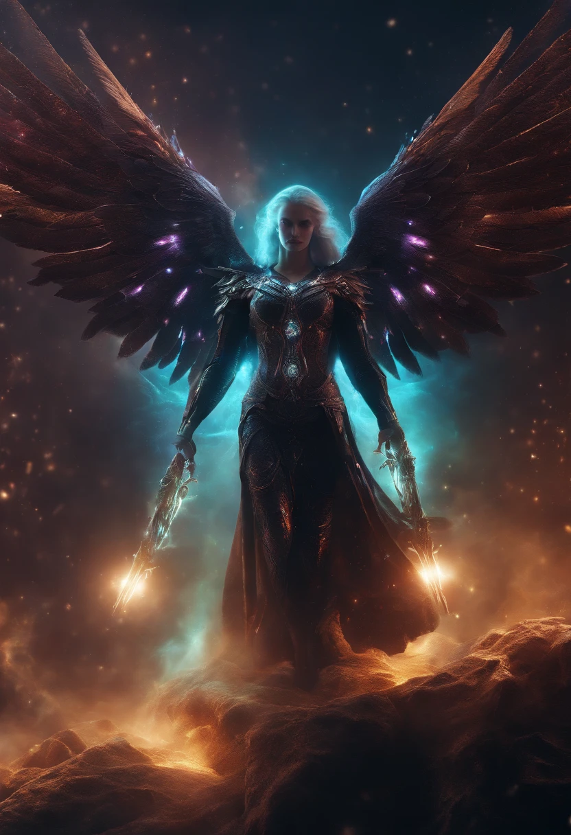 Cosmic Fallen Angel, glowing light eyes, Biomechanical, eerie, Creepy, nightmarish, Very bright colors, Light particles, with light glowing, Mshiv, wallpaper art, UHD wallpaper