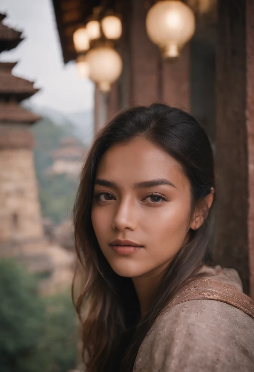 travellers, in the style of rap aesthetics, girl,Nepal,make for a memorable photo. The background is to the ancient temples and palaces of Kathmandu ,photo taken with fujifilm superia, charly amani, oversized portraits, babycore, upper body