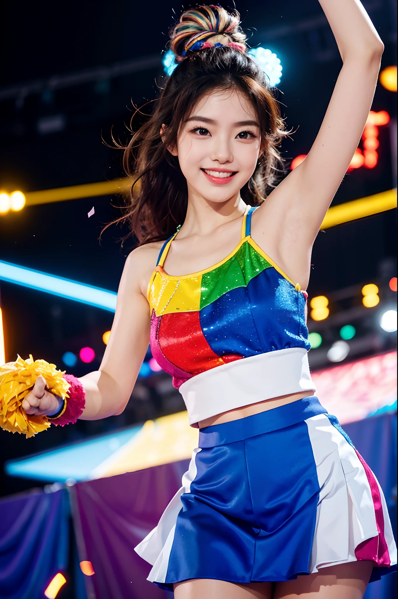 Beautiful Korean idol cheerleader
posters,Painting,high resolution,Ultra-detailed,Realistic:1.37,Vivid colors,hdr,Studio lighting,Sharp focus,
Dance energetically,Smiling happily,Perfect makeup,Stunning costumes,
crowd cheering,exciting atmosphere,dynamicposes,Expressive movements,
Beautiful hair,Sparkling eyes,rosycheeks,full pouty lips,
Colorful pompoms,Flying confetti,Glowing spotlights,
Engaging performance,Spirited cheers,Unforgettable memories
