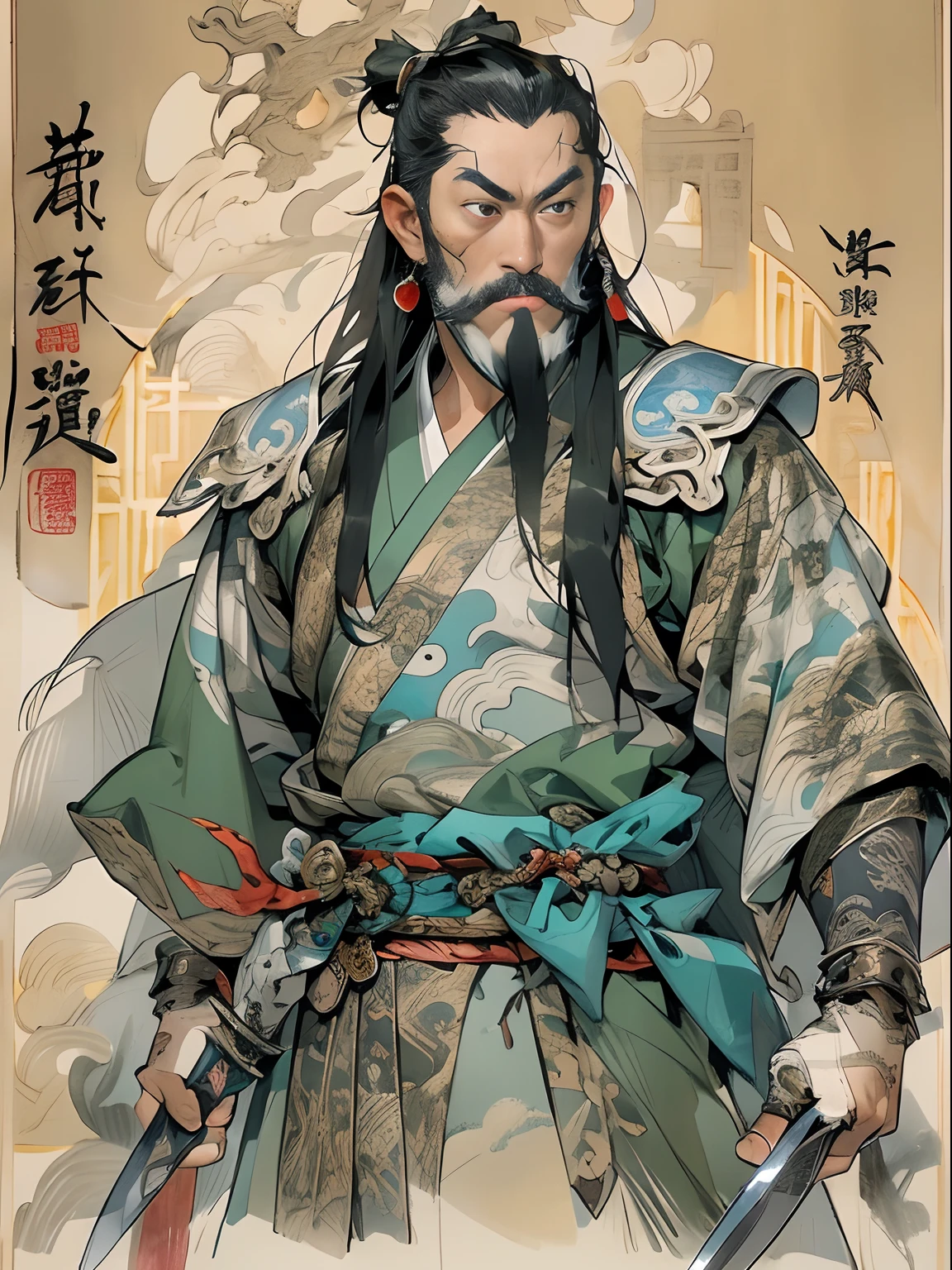 (((China-style,Ink painting method,Half-length portrait,Intense color,Han dynasty, China,Hanfu,Armor,Guan yu,Guan Yunchang,of a guy,Ruddy killing square face,Hold the Blue Dragon Moon Knife in his right hand,Stroke your beard with your left hand,Long hair,petty eyes,Green robe))), (((best qualityer))), (((tmasterpiece))), (((AS-Adult))), ((( Japanese ))), Look up from your knees, Handsome Asian samurai,perfect body figure, Modern samurai, ((( Asian))), Wear gloves on your hands,The left arm is made of steel and metal tips,Made of protective devices, The eyes are pulled, (( Appears below the chest )), (( Small dental floss )), Simon Bisley, Almost naked(Simon Bisley)Castle City Wilderness,For high-resolution posters, hair straight, Minimum clothing, armure (Crazy clothes ), Full of tips and rivets, tribal tattoos, (((full bodyesbian))), Straight brunette hair,Colored hair ends