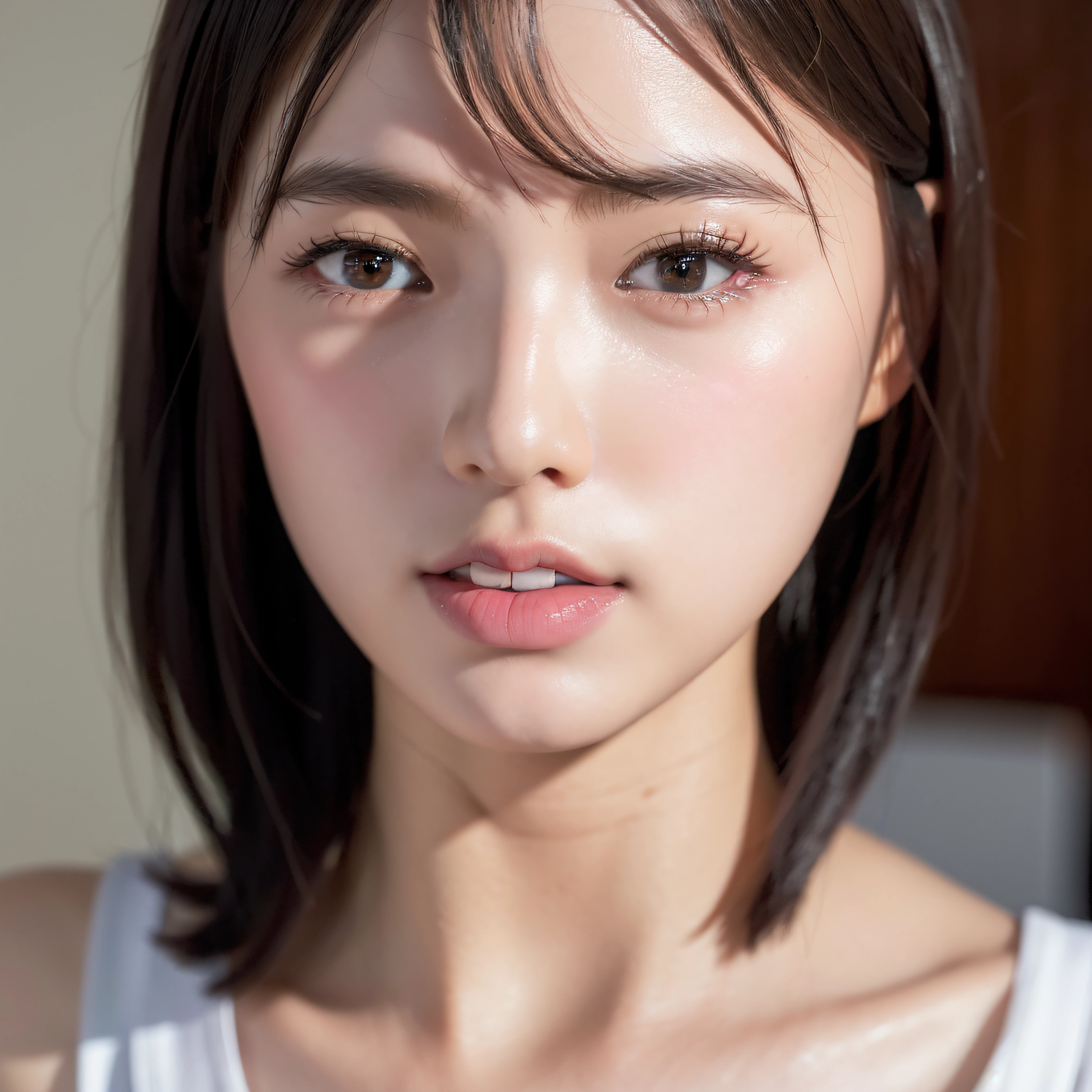 ((32K, top-quality, masterpiece, 超A high resolution, Photorealsitic:1.5)), 1girl in, age19, Perfect dynamic composition, extra detailed face, Fair skin, Beautiful detailed eyes, beautiful detailed mouth, Sexy face, Face feeling ecstasy, ,Facial expression when you feel that you are being caressed violently, Show face only