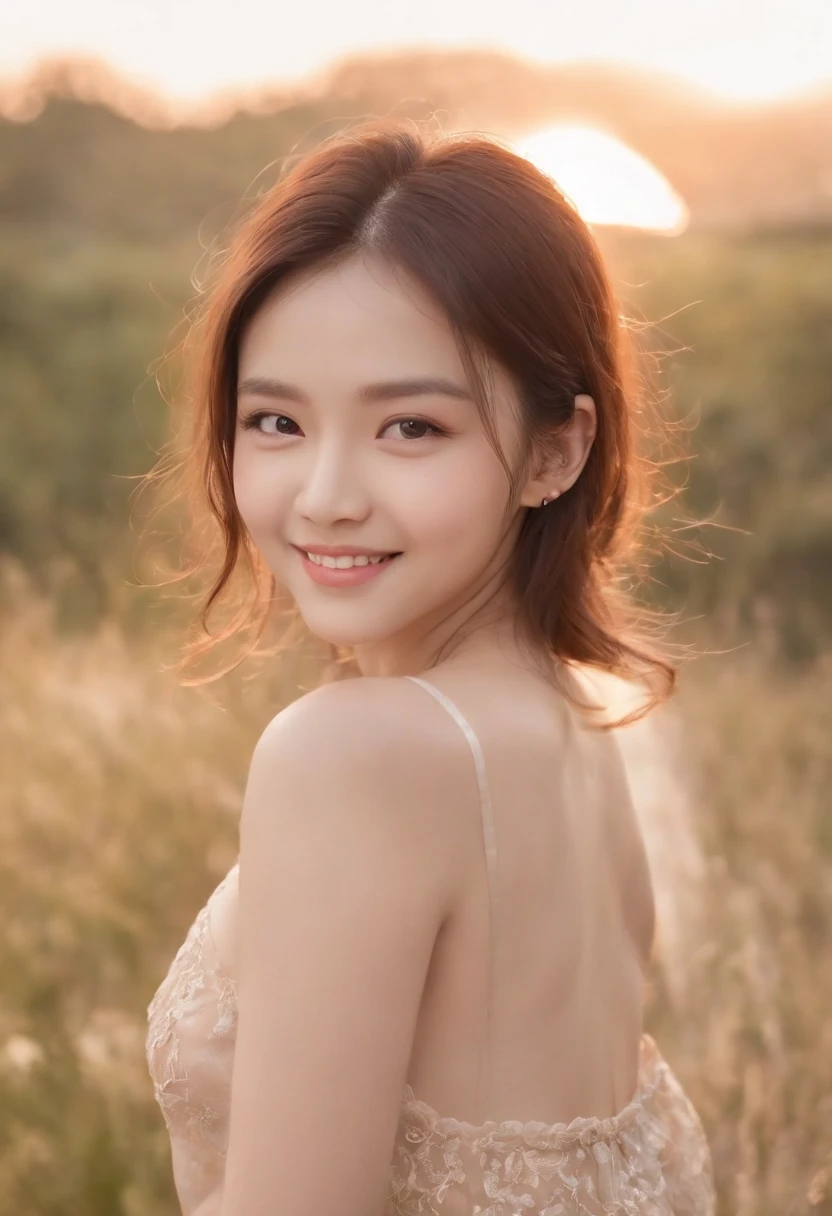 only one girl、((perfect bodies)))、(tmasterpiece)、((top-quality))、(ultra - detailed)、((Extremely Delicately Beautiful))、(((very shallow depth of field)))、NFFSW，(((unbelievable Ridiculous)))、((perfect bodies)))、(((brunette color hair)))、(((short detailed hair)))、(Okabo Hair)、(((Looking at the camera)))、(((small tits)))、(((The best smile that makes you happy)))、String Camisole Dress、Mare+Background with、dynamic ungle、female focus on、{Particles of Light}、Meticulous background、Soft lighting、Evening glow、Very beautiful sunsets、Live action、hentail realism、From the angle from below、cute smiling face、(The background is blurred)、((ventania))、(((sport)))、(((Emotional)))、((Extremely colorful))、((a baby face))、((Beautiful teeth)) 、background of the sea