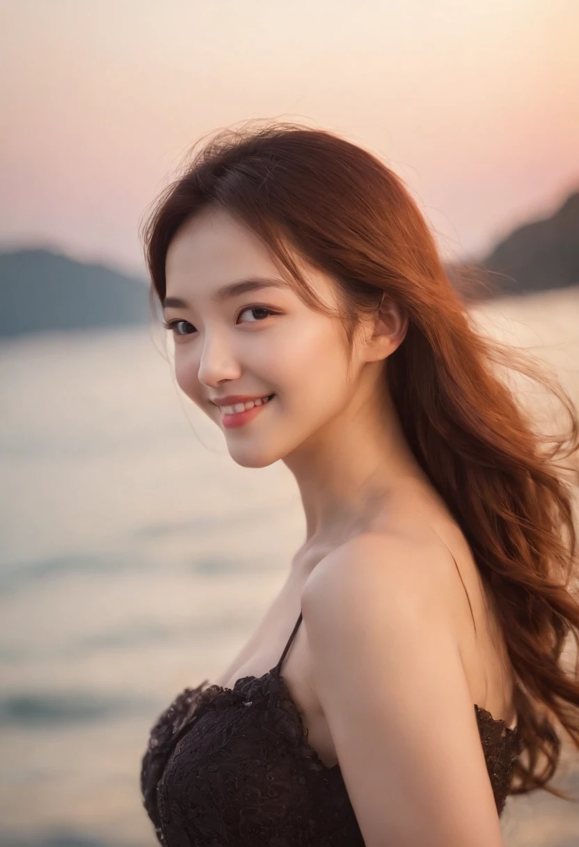 only one girl、((perfect bodies)))、(tmasterpiece)、((top-quality))、(ultra - detailed)、((Extremely Delicately Beautiful))、(((very shallow depth of field)))、NFFSW,(((unbelievable Ridiculous)))、((perfect bodies)))、(((brunette color hair)))、(((short detailed hair)))、(Okabo Hair)、(((Looking at the camera)))、(((small tits)))、(((The best smile that makes you happy)))、String Camisole Dress、Mare+Background with、dynamic ungle、female focus on、{Particles of Light}、Meticulous background、Soft lighting、Evening glow、Very beautiful sunsets、Live action、hentail realism、From the angle from below、cute smiling face、(The background is blurred)、((ventania))、(((sport)))、(((Emotional)))、((Extremely colorful))、((a baby face))、((Beautiful teeth)) 、background of the sea