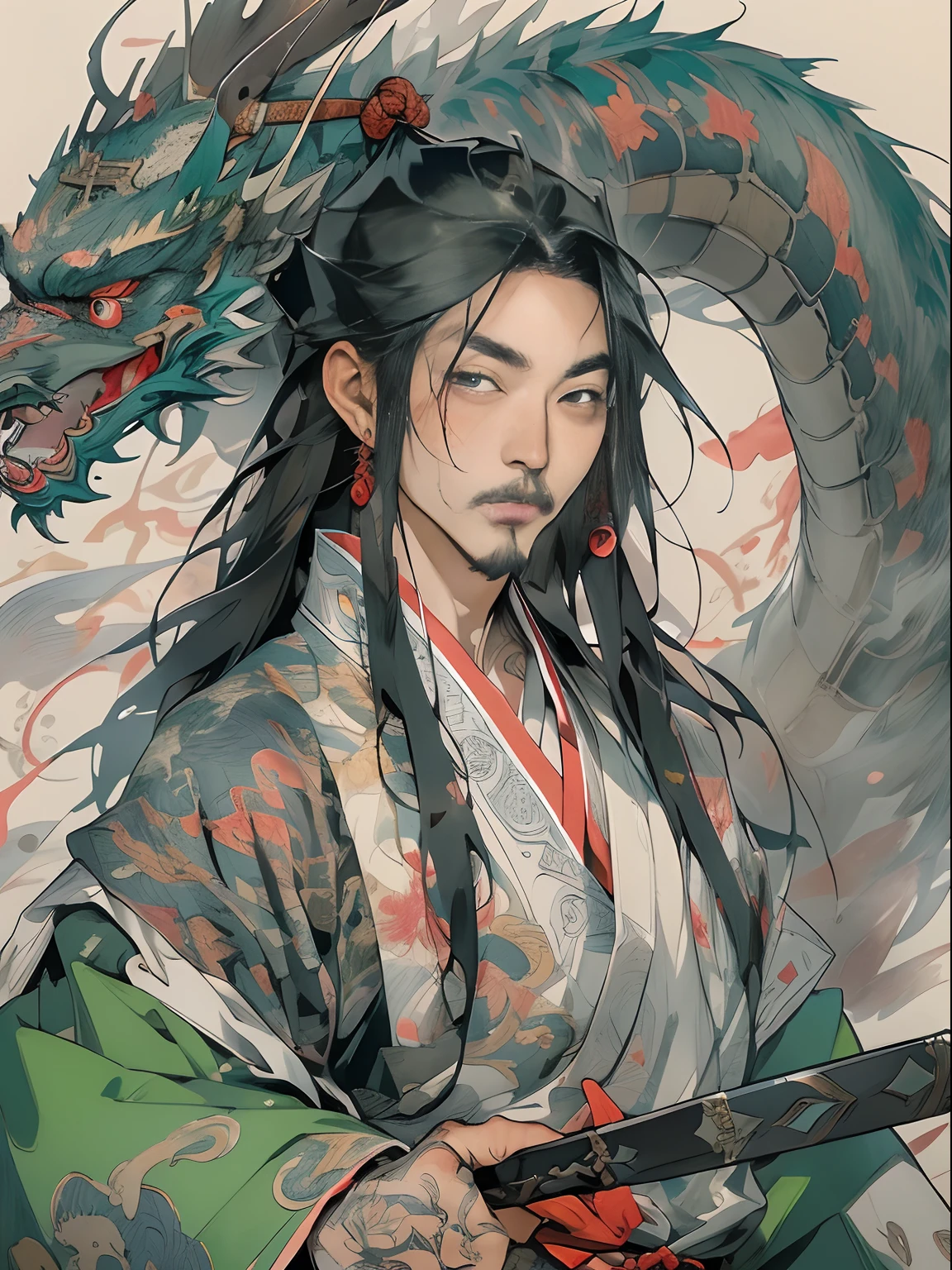 Highest image quality,4K,Ancient Chinese ink style,Handsome antique boy,upperbody closeup,Long black hair,Black and white robes,It is surrounded by black and white double dragons,Eyes glow