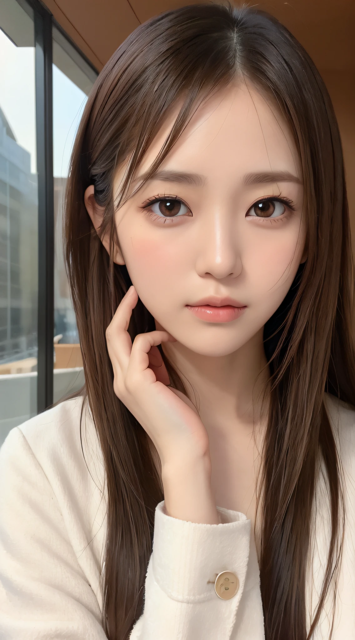 1womanl, (up of face:1.5), light brown hair, Blunt bangs, hair behind ear, hair over shoulder, Long hair, Ultra Fine Face, Thin face, Delicate lips, (beautidful eyes:1.5), thin blush, eyes are light brown,View here, Ultra-thin hands, Ultra-fine fingers, best ratio four finger and one thumb, white longcoat, muffler ,Port Area ,One-person viewpoint,  8K, masutepiece, nffsw, Super Detail, High quality, Best Quality, hight resolution,