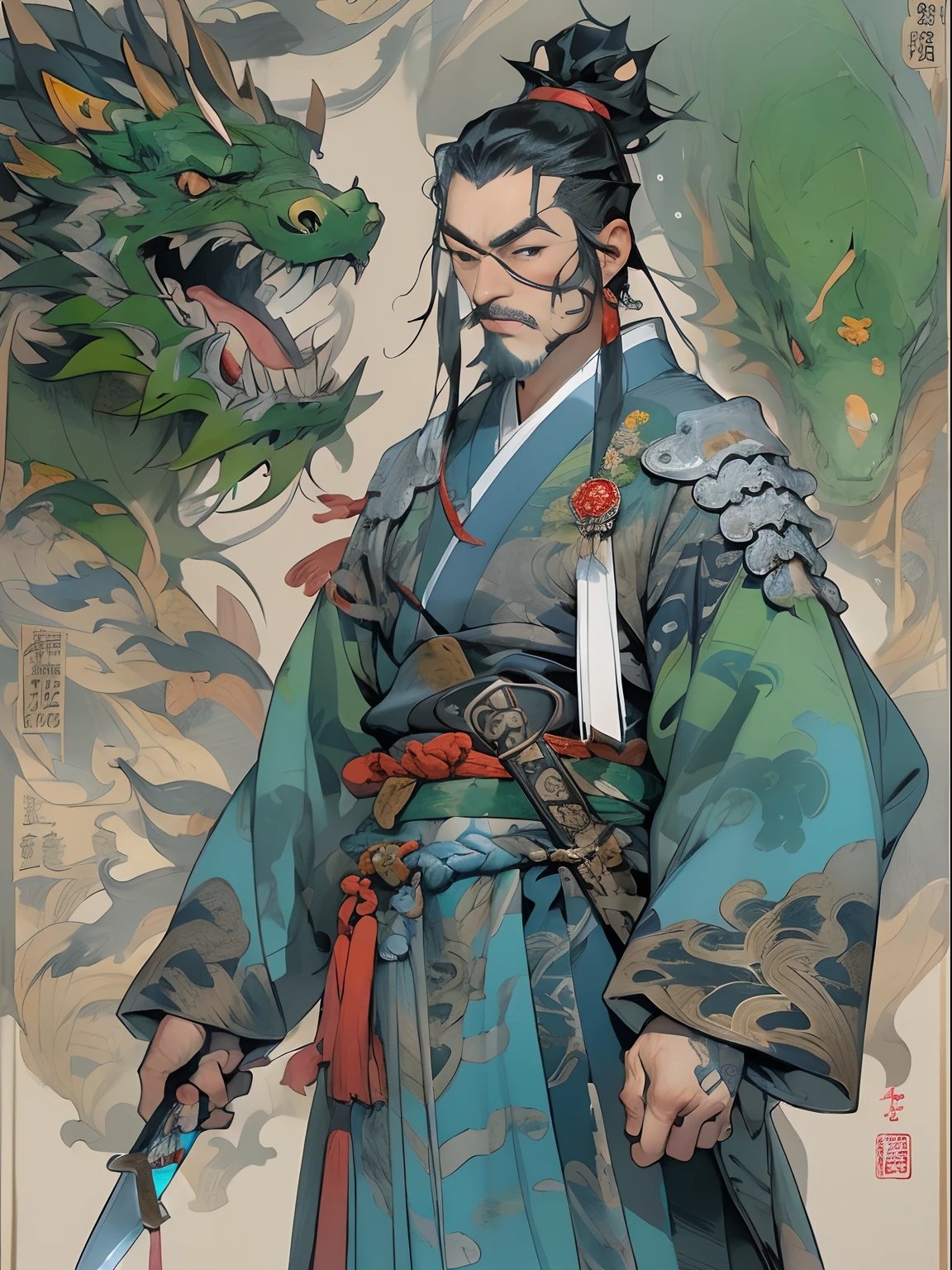 (((China-style,Ink painting method,Half-length portrait,Intense color,Han dynasty, China,Hanfu,Armor,Guan yu,Guan Yunchang,of a guy,Ruddy killing square face,Hold the Blue Dragon Moon Knife in his right hand,Stroke your beard with your left hand,Long hair,petty eyes,Green robe))), (((best qualityer))), (((tmasterpiece))), (((AS-Adult))), ((( Japanese ))), Look up from your knees, Handsome Asian samurai,perfect body figure, Modern samurai, ((( Asian))), Wear gloves on your hands,The left arm is made of steel and metal tips,Made of protective devices, The eyes are pulled, (( Appears below the chest )), (( Small dental floss )), Simon Bisley, Almost naked(Simon Bisley)Castle City Wilderness,For high-resolution posters, hair straight, Minimum clothing, armure (Crazy clothes ), Full of tips and rivets, tribal tattoos, (((full bodyesbian))), Straight brunette hair,Colored hair ends