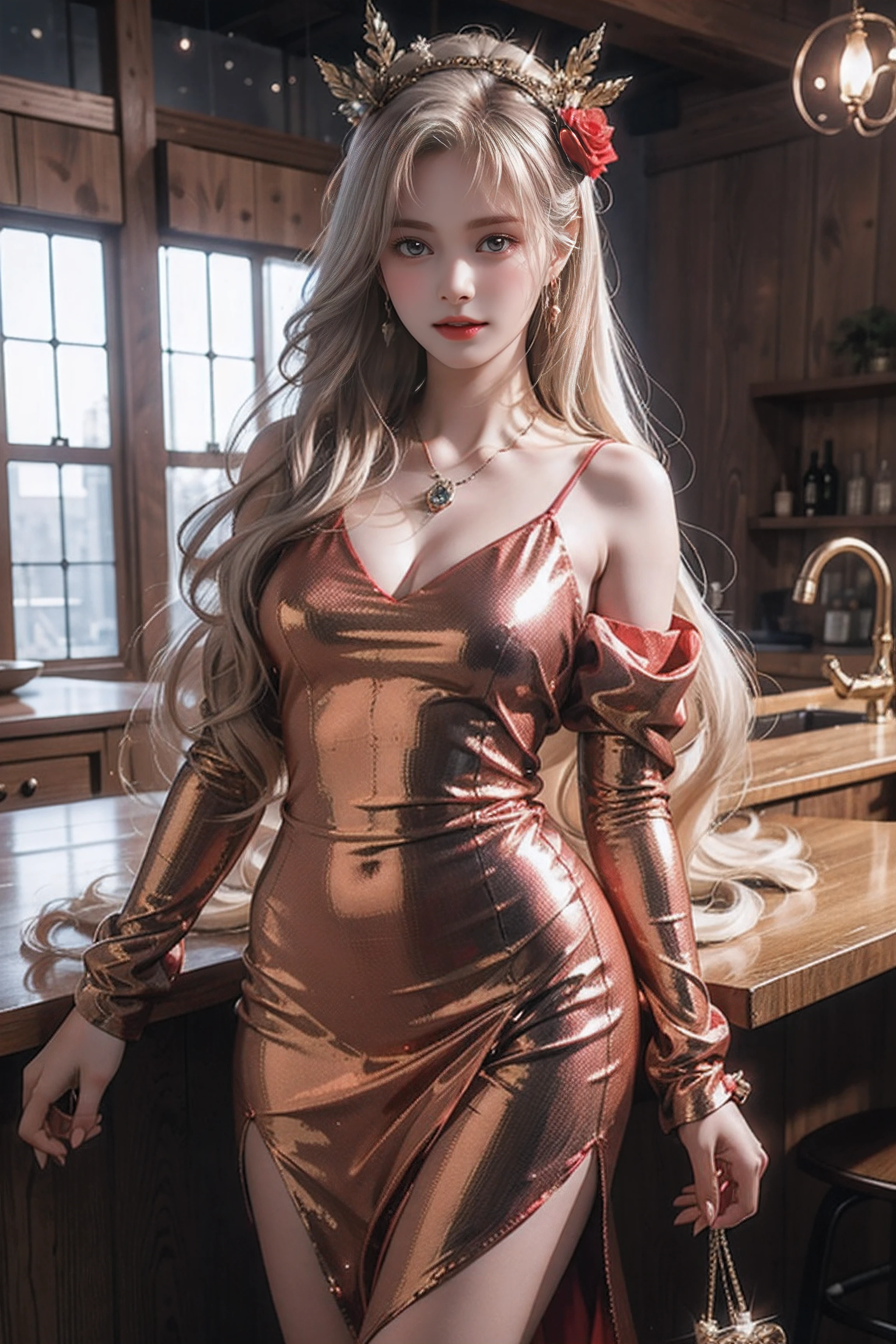 Top quality work,Photorealistic works,Ultra Premium Graphics,8K HD CG works,High-quality graphics,High-definition fine CG works,10x pixel,Ultra-fine details:1.1,Advanced technical details:1.1Photographically realistic,Indoor lighting effects:1.5,Natural light:1.5. light effect(Virtual Light Effects:1.8),超A high resolution,Shiny red dress,Long silver hair,Silver hair,Transparent hair,High Detail Hair(Premium Hair Detail:1.1)Clear eyes,Good looking double eyelids,Sharp eye makeup, Delicate makeup for eyelashes, Thin eyebrows, ultradetailed eyes,High Nose, lovely red lips, Rose cheeks, Face with delicate makeup , Pretty Face, A perfectly proportioned face,(Advanced facial details:1.1)Collection of shiny red luxury dresses,Bright red sequin dress,Sequin coat,shiny,Tight long skirt,Summer Sexy Hip Wrap Fishtail Sleeveless Commuter Maxi,Horse Stockings 100%Oil Gloss Panst Gloss Silk Luster 8D Black Silk Woman,stiletto heels,mitts,Beautiful long dresses,wonderful dress,Bright Red Series,Haute Couture Dresses Collection,Dress Photography,Authentic dress works,In the banquet hall,Women's Artwork,full-body view,Goddess of Dress,真实感,amazing,Today's eyes are bright