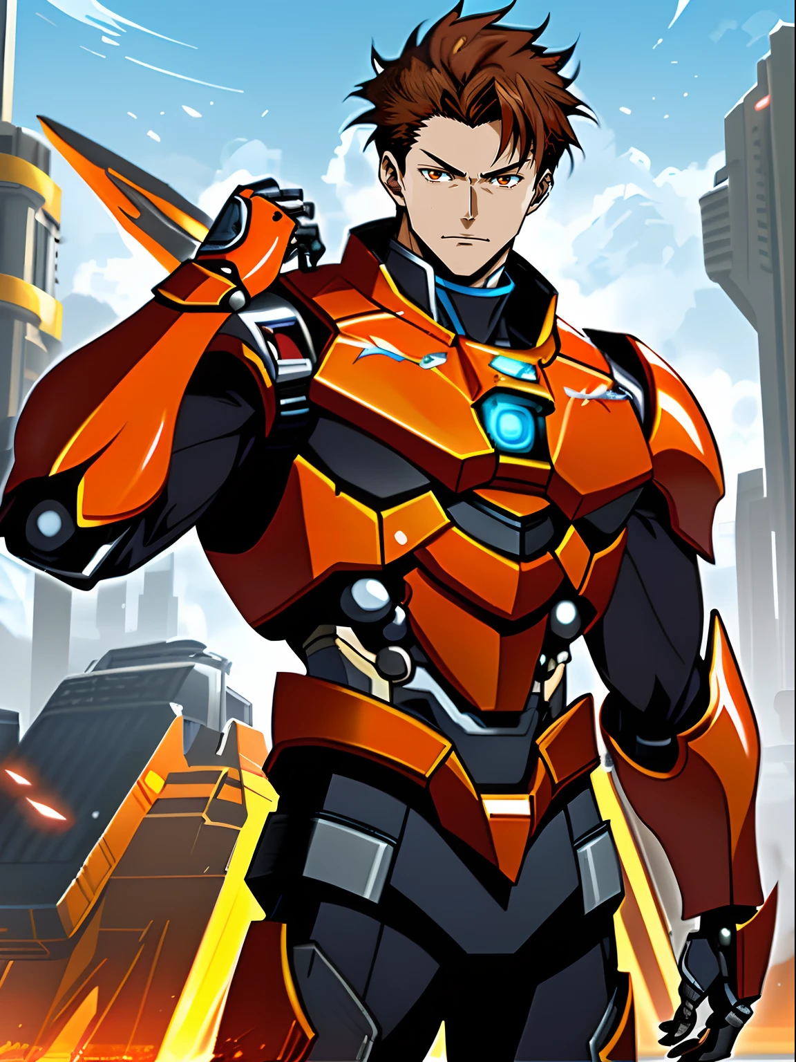 Brown hair male anime character with brown eyes and orange mechanical armor with futuristic technology, Cool tech style, anime big breast, # Tech Armor Official Art,