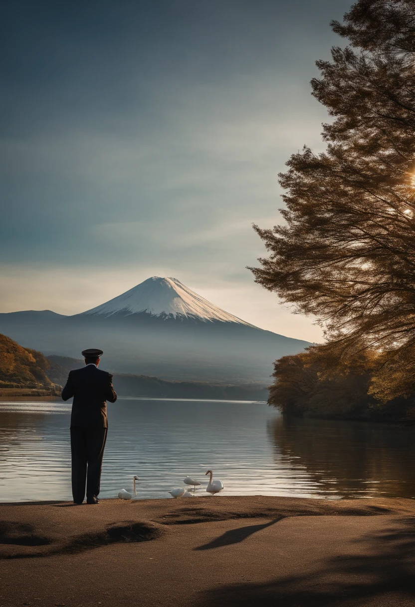 Facing the front on the shore of Lake Yamanaka、In a tuxedo、Draw a man playing the cello,I see Mt. Fuji on the other side of the man、Swans are swimming on the surface of the lake、photos realistic、Man in his 70s、Precise Photography、f-2.8